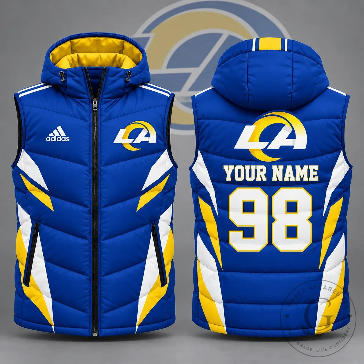 Los Angeles Rams NFL Personalized Team Blue Puffer Vest with Hood