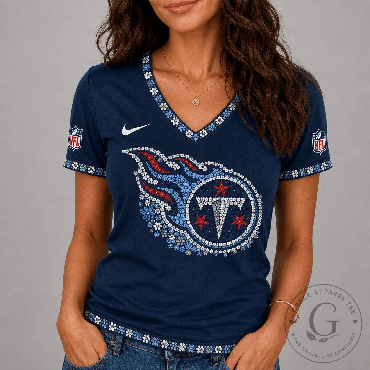 Tennessee Titans NFL Flower Logo V-Neck Short Sleeve T-Shirt