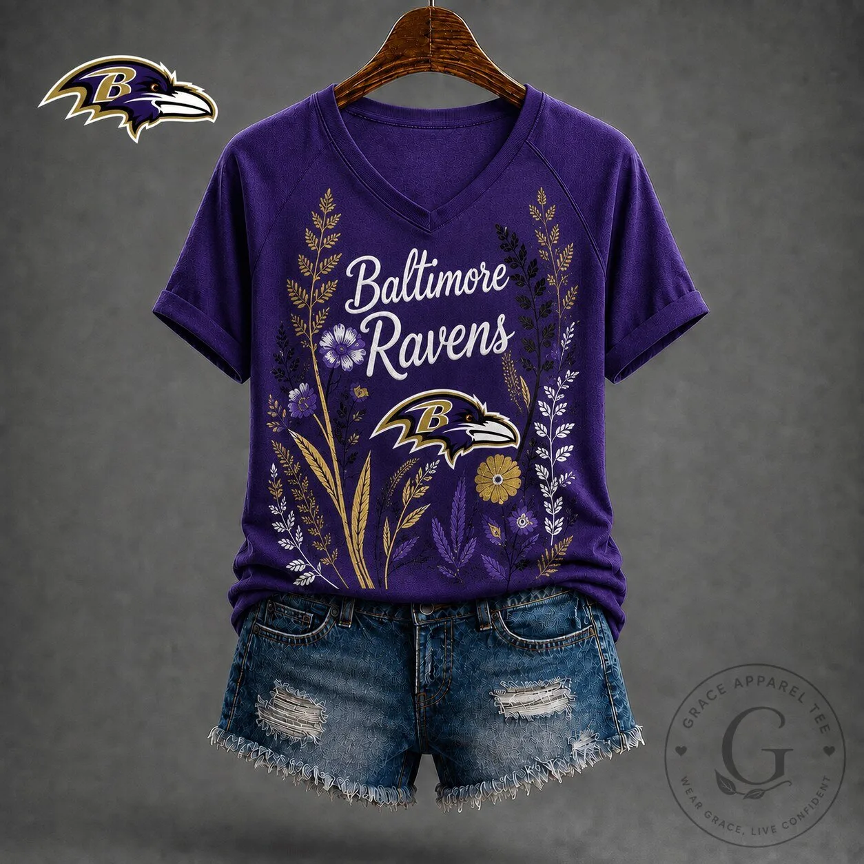 Baltimore Ravens Floral Garden V-Neck T-Shirt
