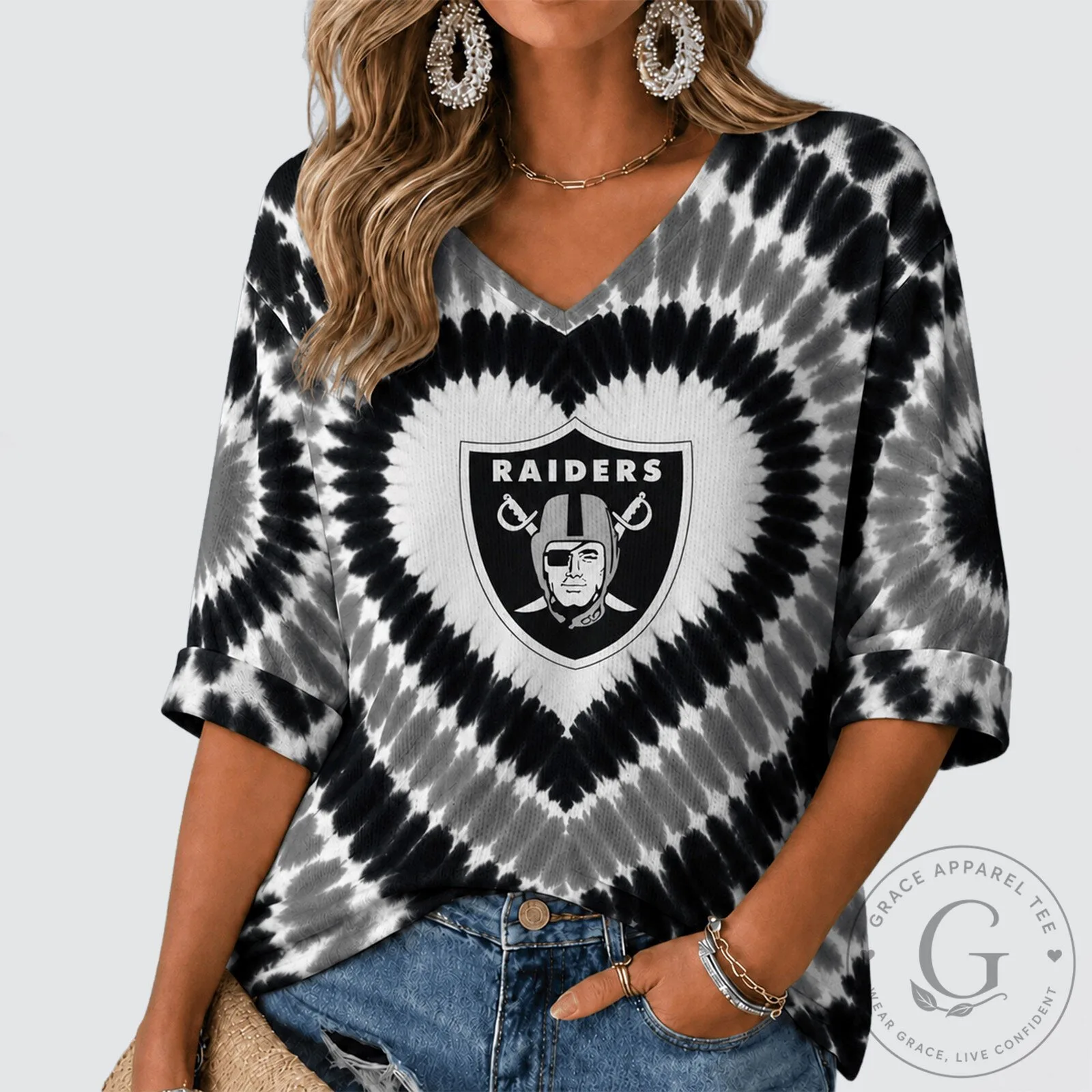 Las Vegas Raiders Heart Tie Dye V-Neck Long Sleeve Shirt