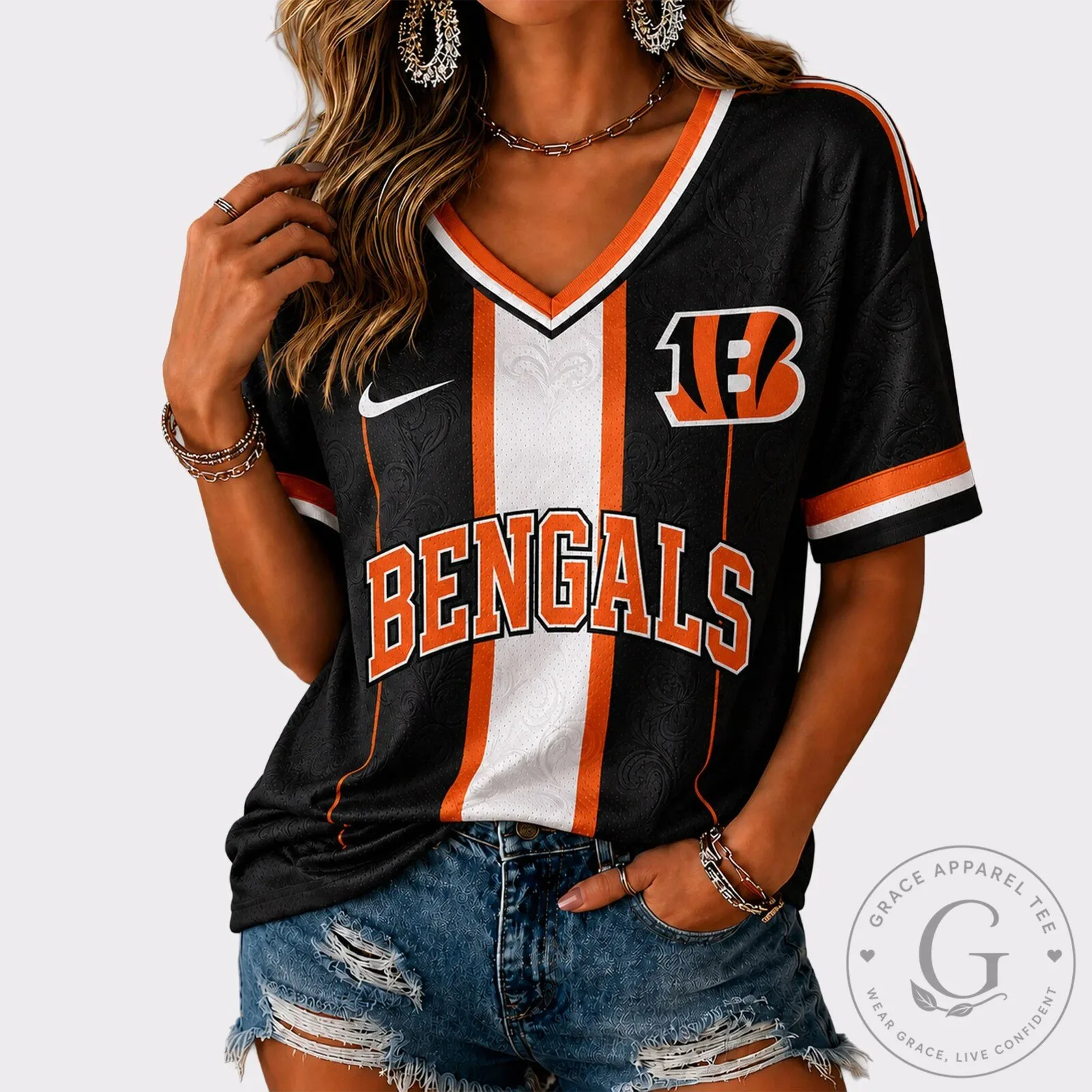 Cincinnati Bengals Women's Black and Orange Stripes V-Neck Football Jersey