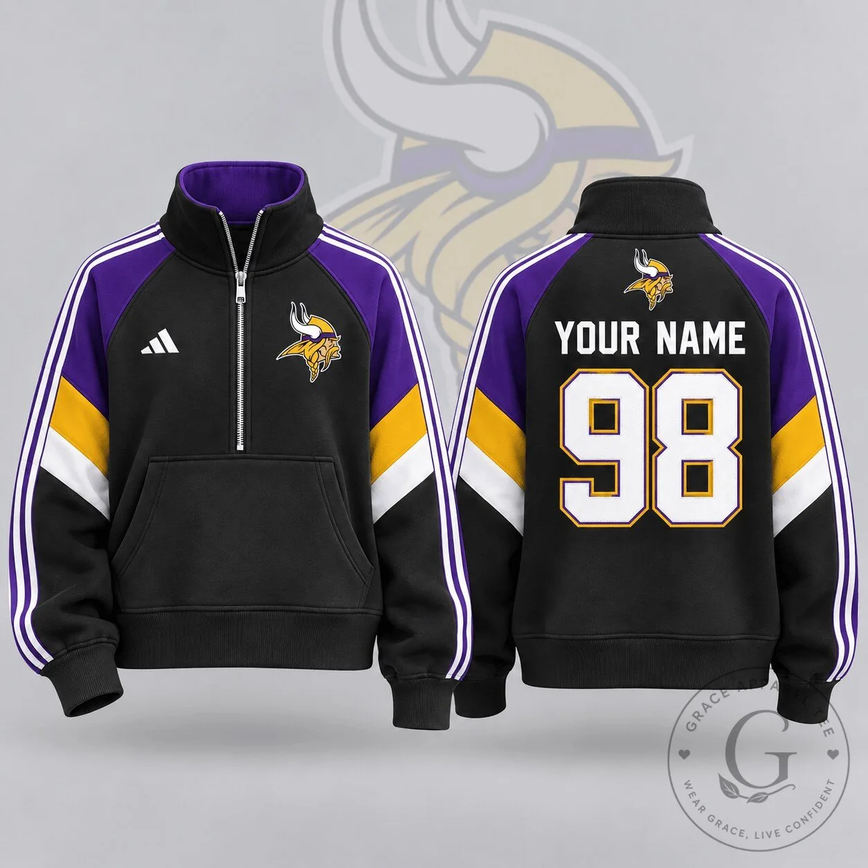 Minnesota Vikings NFL Team Crest Custom Name Number Half Zip Sweatshirt