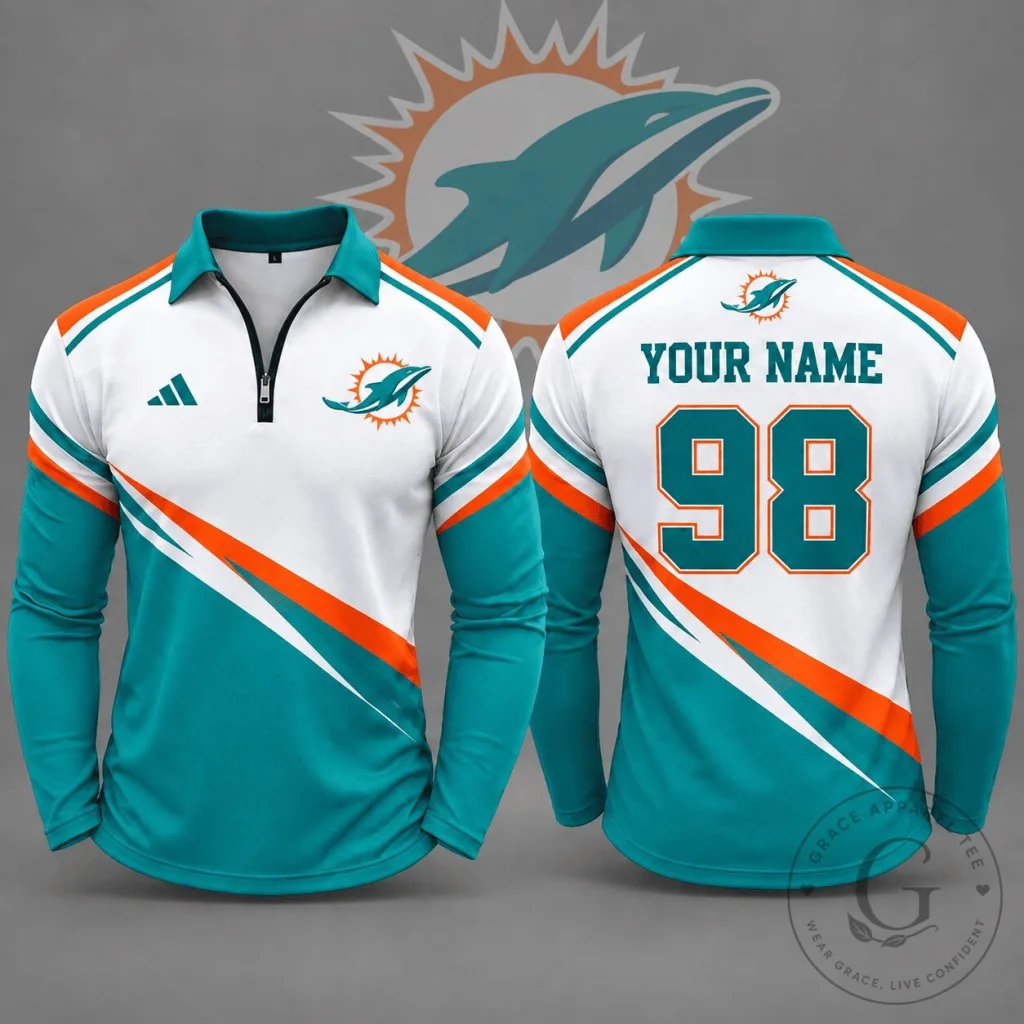 Miami Dolphins NFL Club Identity Quarter Zip Long Sleeve Polo Shirt Miami Dolphins NFL Club Identity Quarter Zip Long Sleeve Polo Shirt
