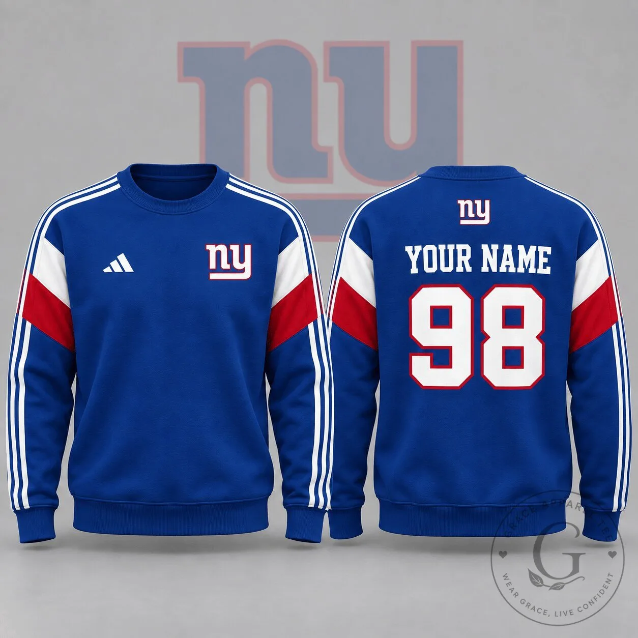 New York Giants Personalized Name and Number Blue and Red Crewneck Sweatshirt