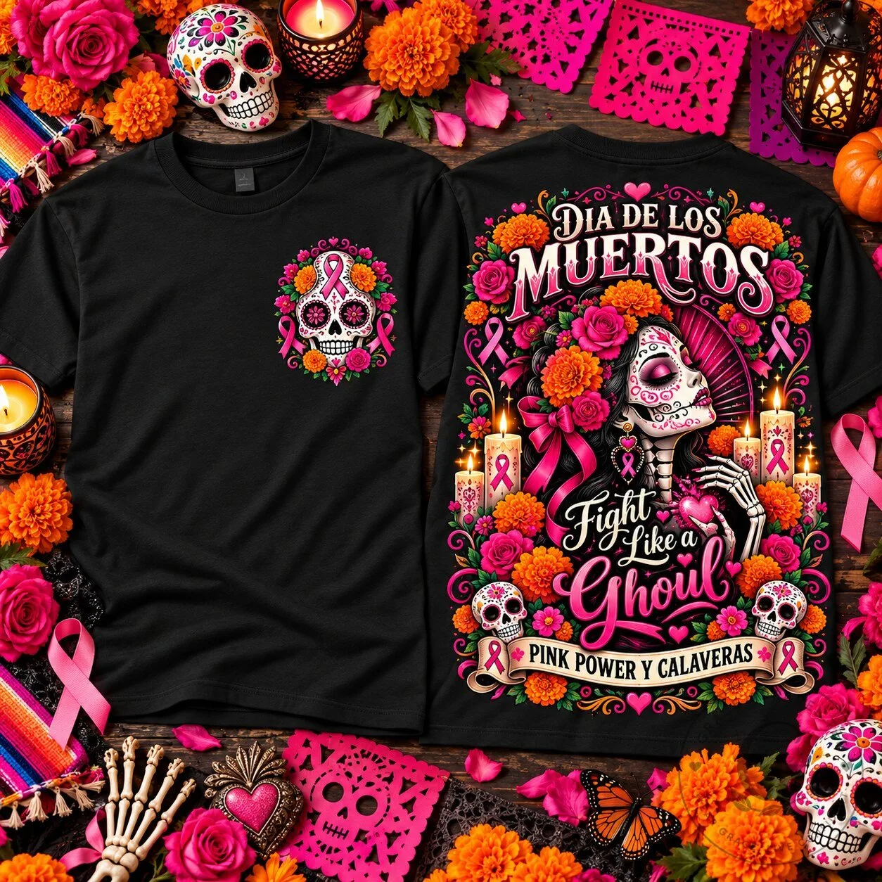 Dia De Los Muertos Breast Cancer Awareness Sugar Skull Pink Ribbon T-Shirt