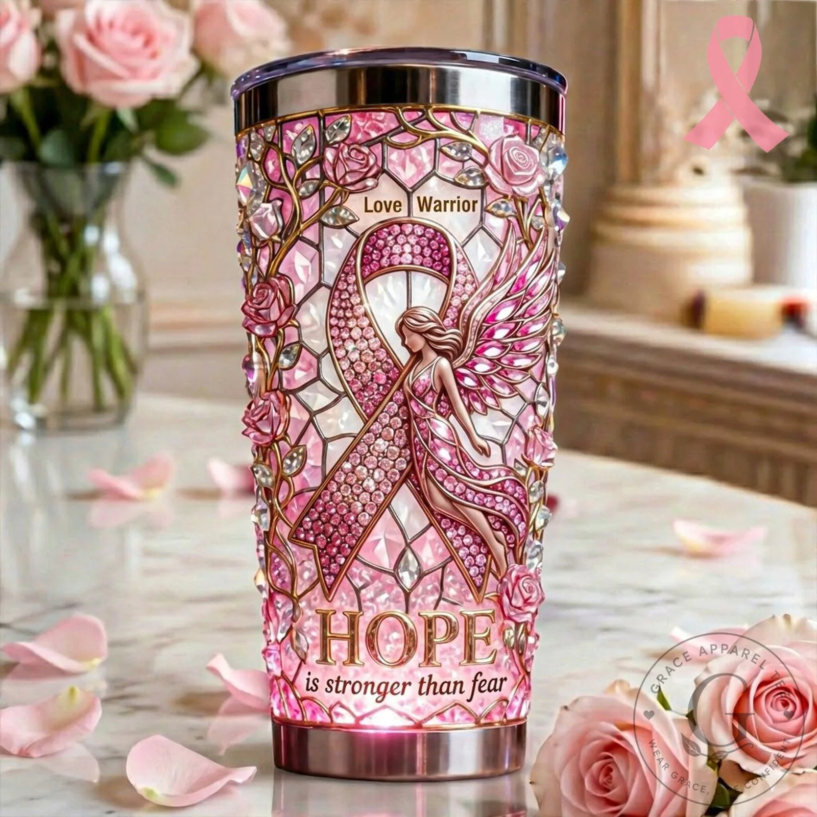 Breast Cancer Awareness Pink Ribbon Angel Hope Warrior Tumbler