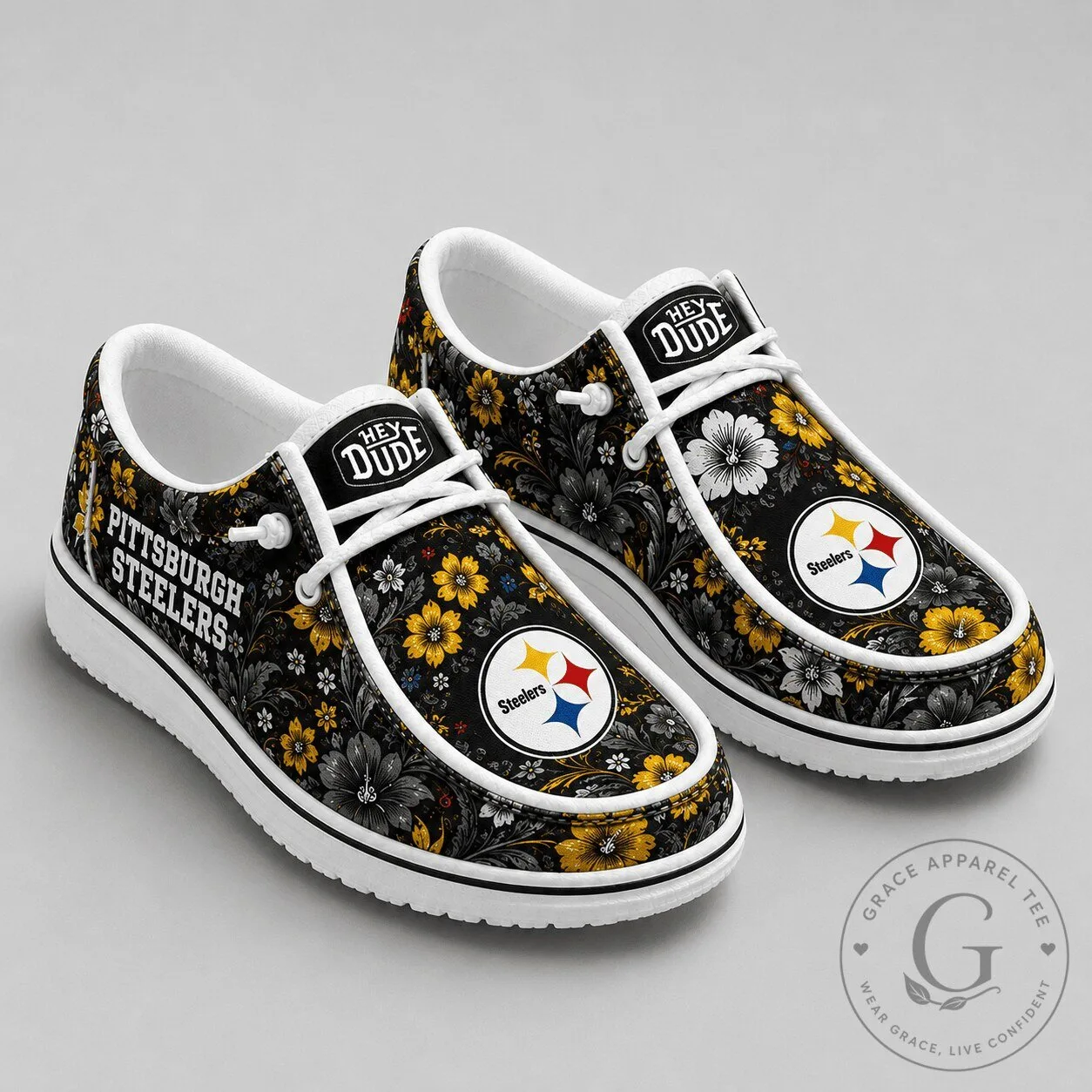 Hey Dude Style Shoes with Floral Pattern for Pittsburgh Steelers Fans