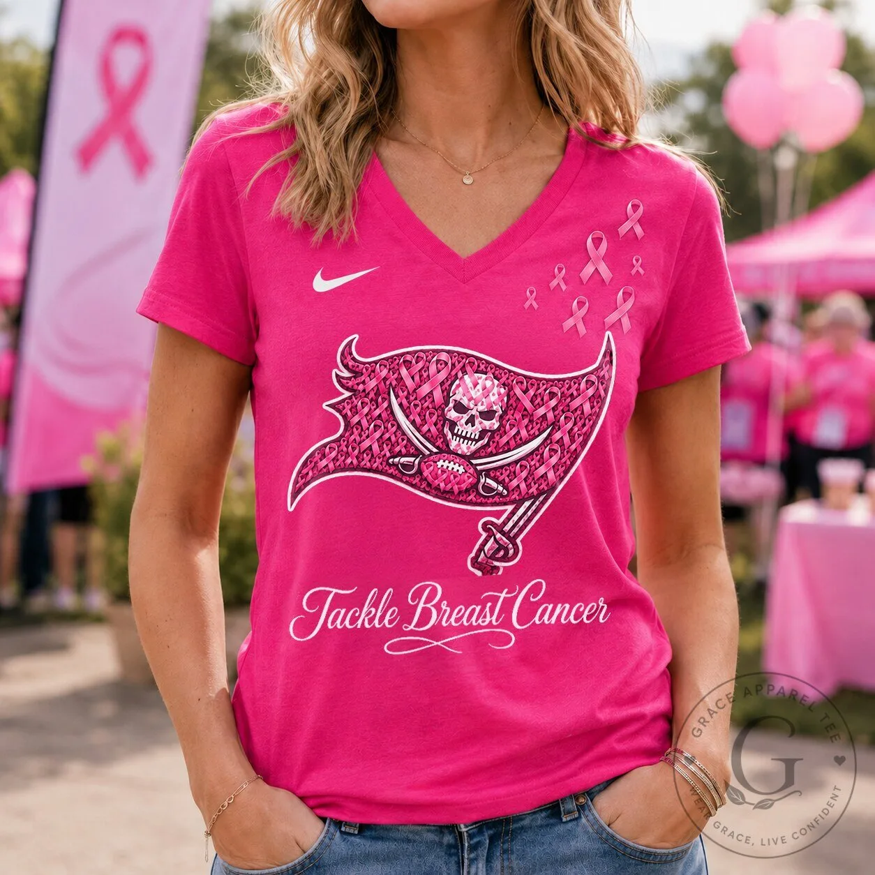 Tampa Bay Buccaneers Tackle Breast Cancer Pink Ribbon Women's V-Neck T-Shirt