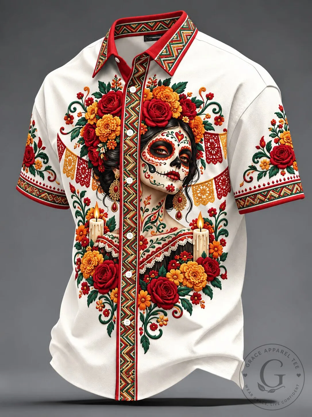 Day of the Dead Sugar Skull Woman Floral Print White Hawaiian Shirt