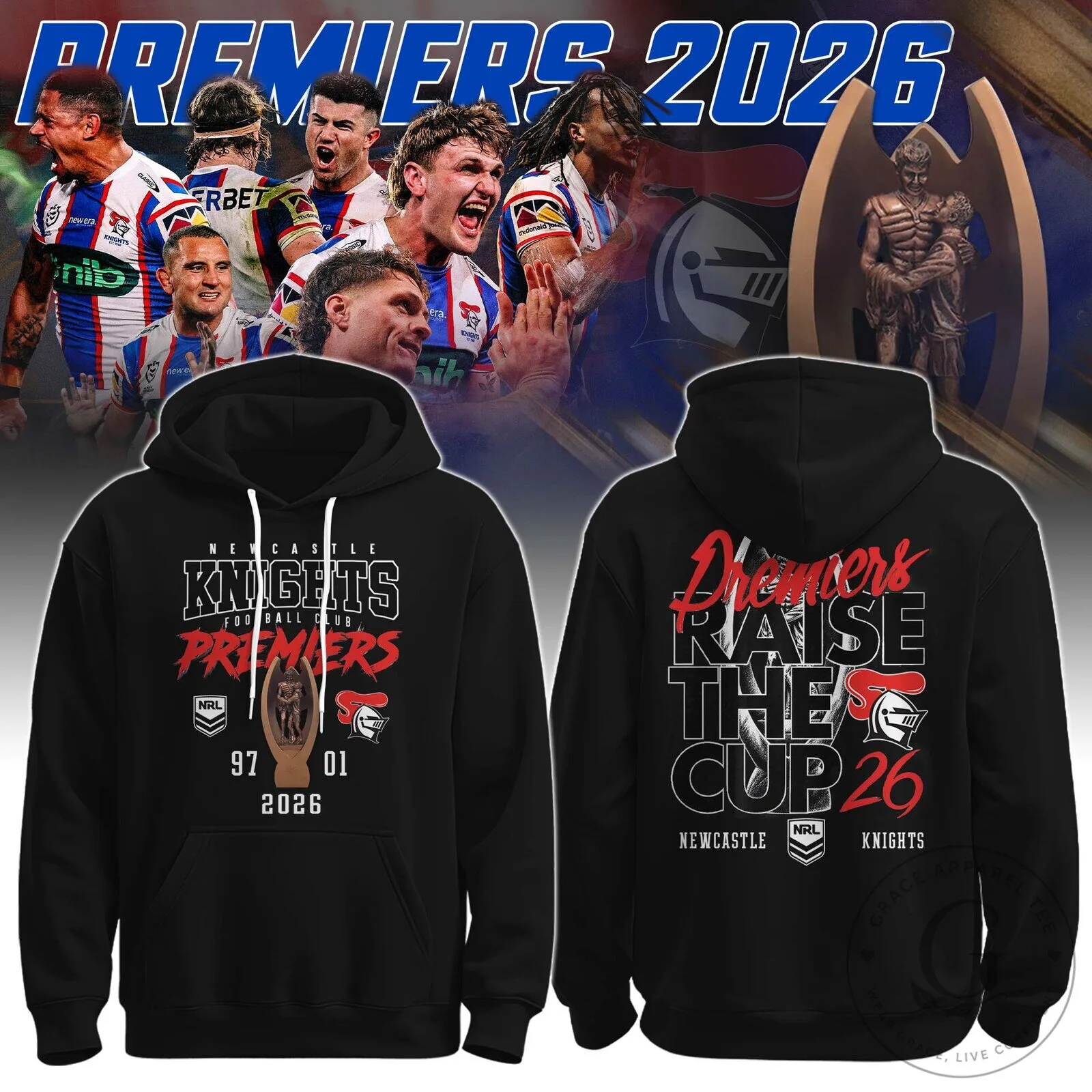 Newcastle Knights Rugby League Premiers 2026 Raise The Cup Black Hoodie