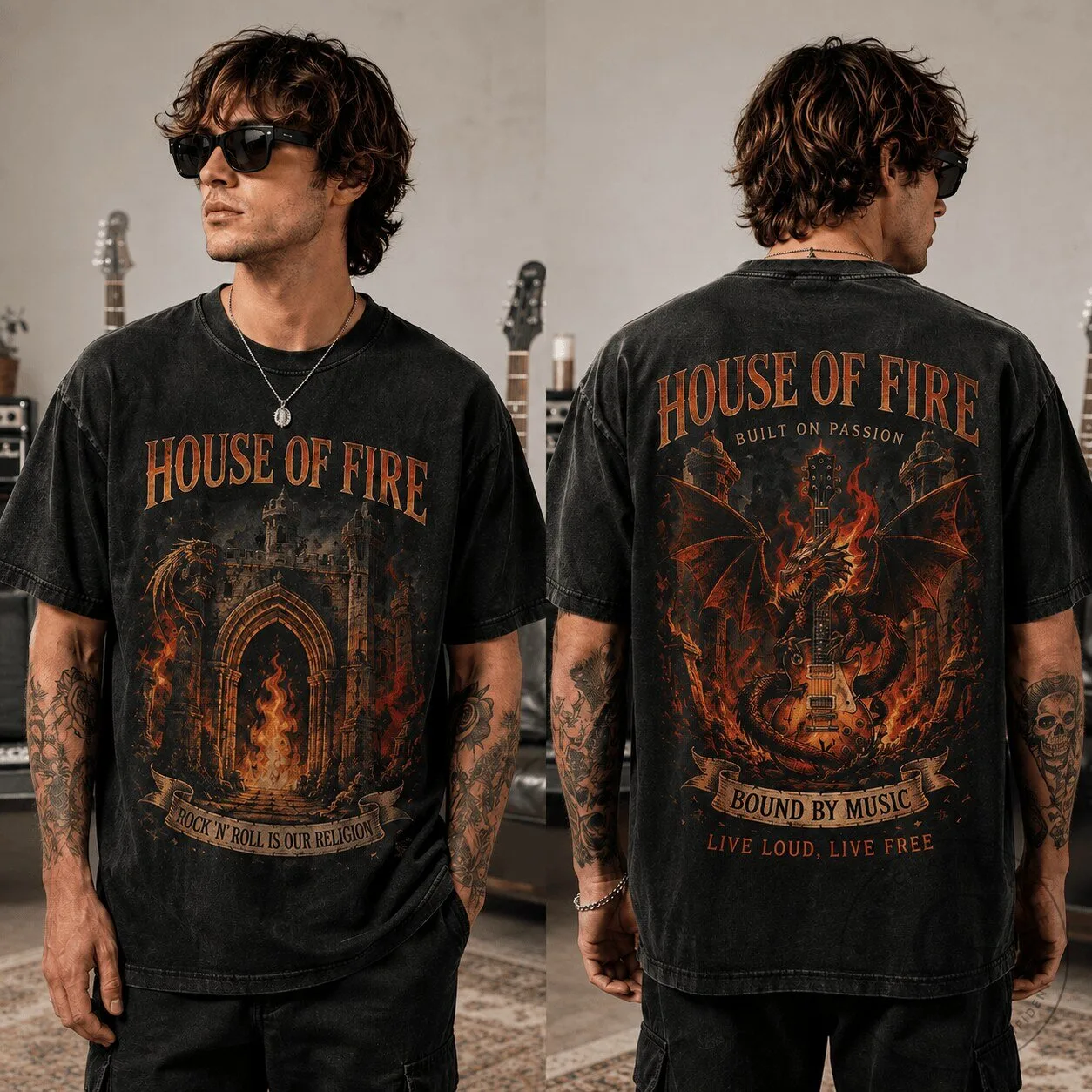 House of Fire Rock Dragon Graphic T-Shirt for Rock Music Lovers