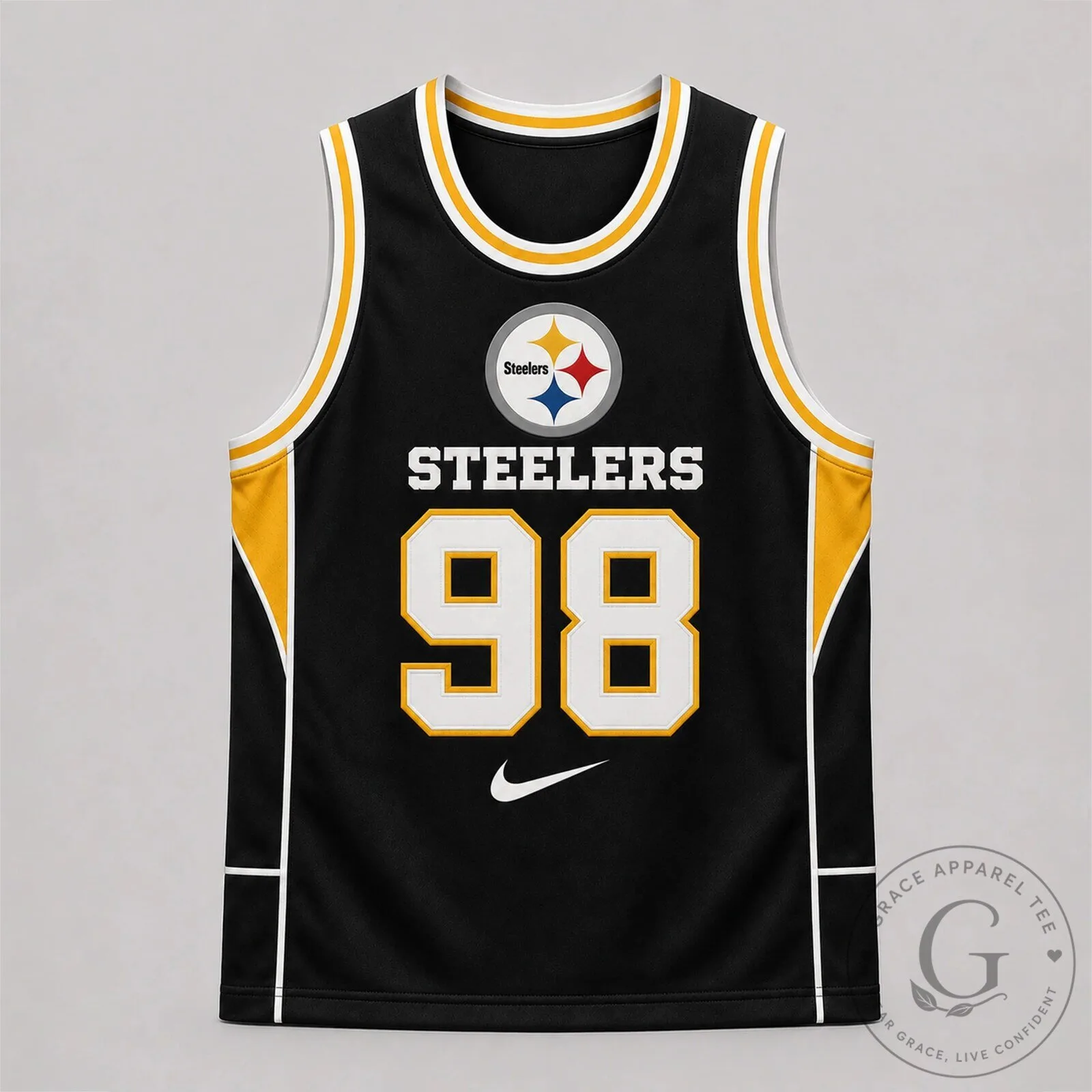 Pittsburgh Steelers Black and Gold Number 98 Basketball Jersey