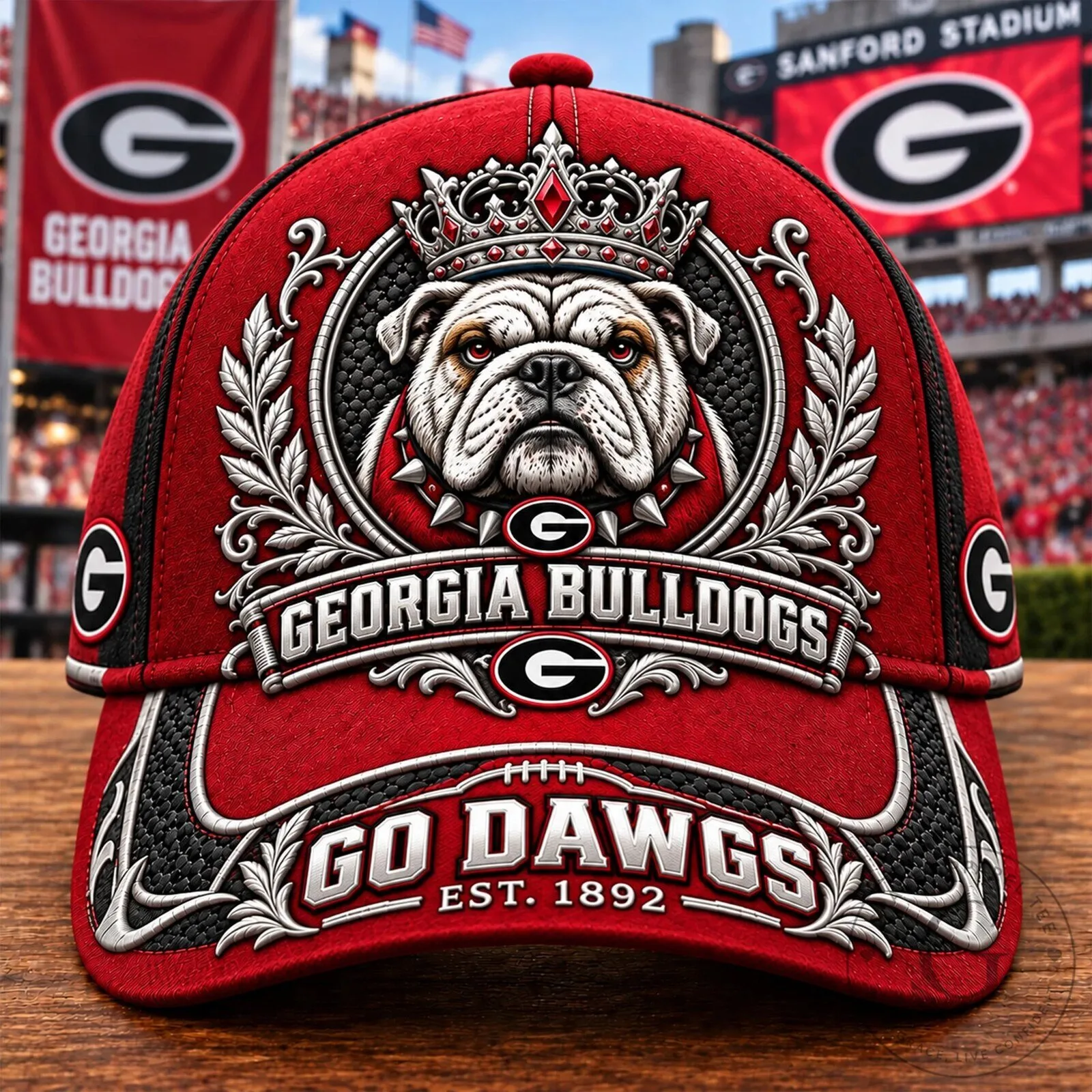 Georgia Bulldogs Football Team Mascot Crowned Bulldog Red Cap Hat