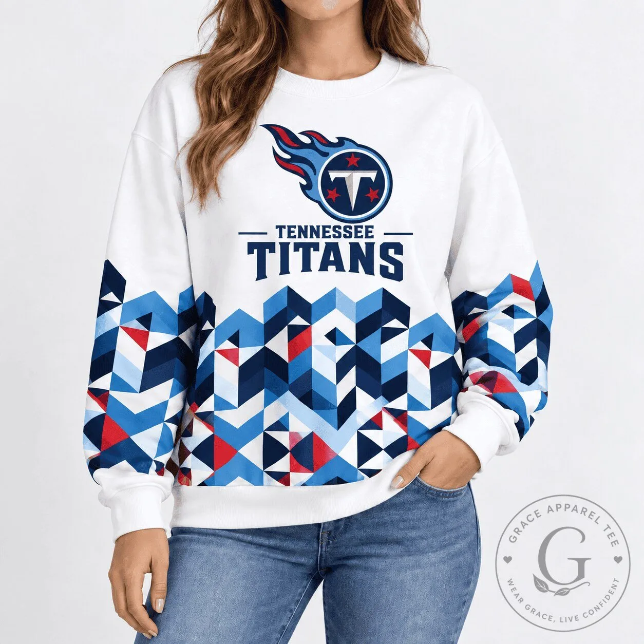 White Crewneck Sweatshirt with Geometric Chevron Design for Tennessee Titans Fans