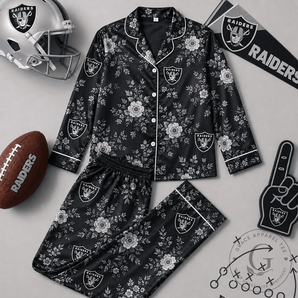 Las Vegas Raiders Floral Print Black and White Pajamas Set