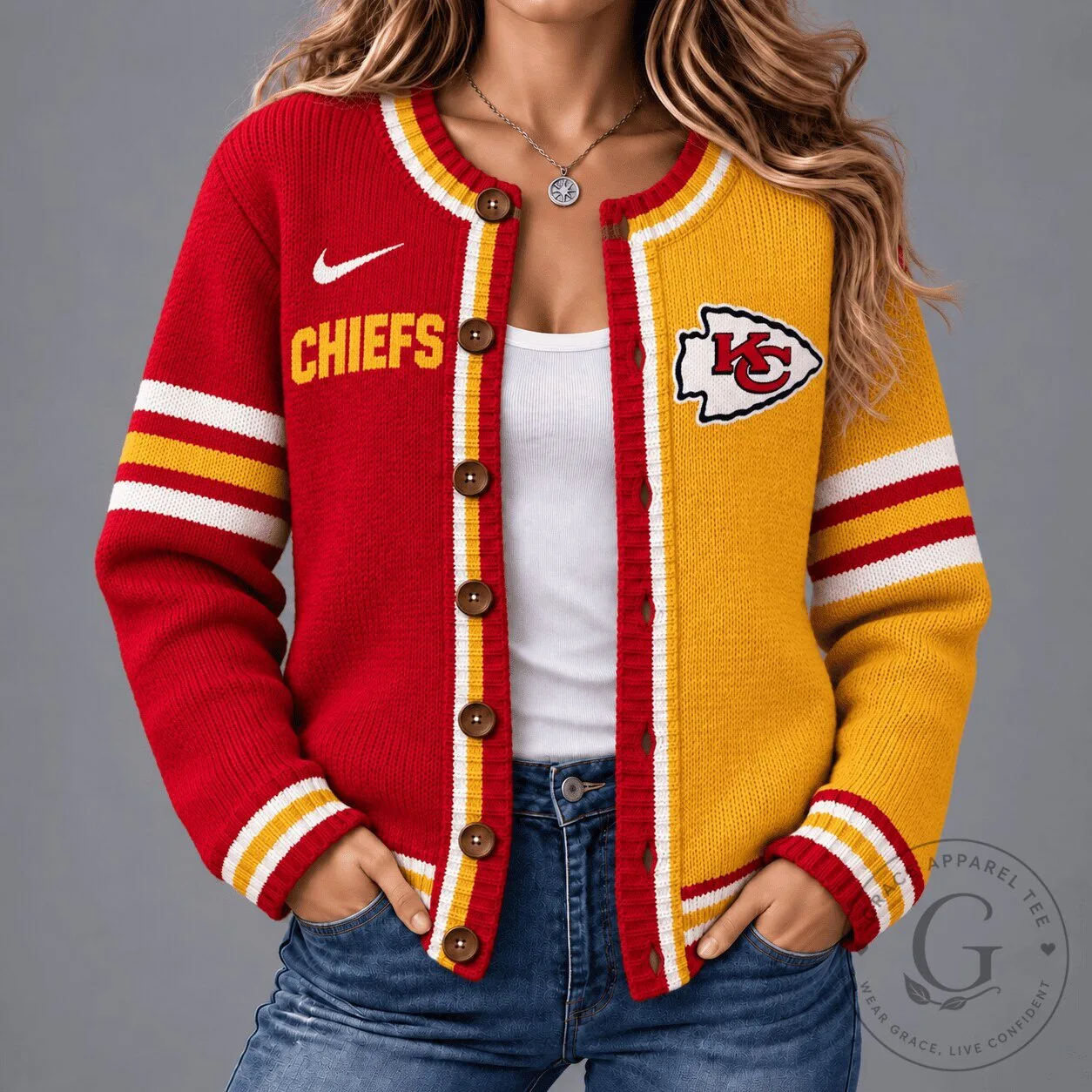 Kansas City Chiefs Red and Gold Split Design Knitted Cardigan Sweater