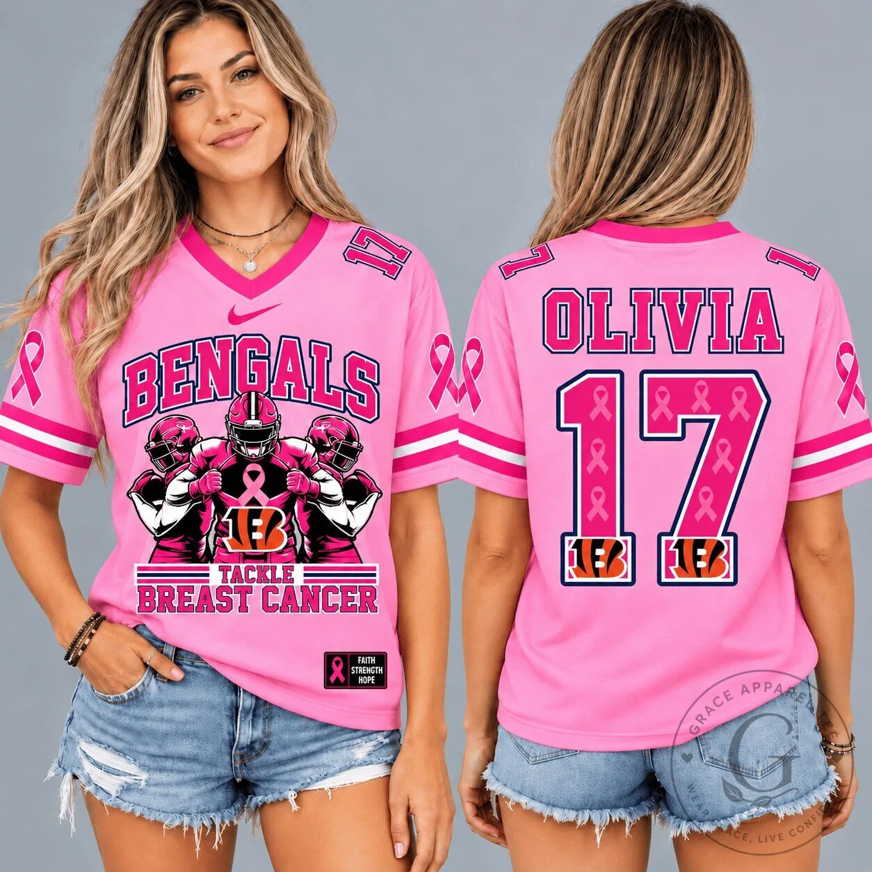 Pink Ribbon Football Jersey for Breast Cancer Awareness - Cincinnati Bengals