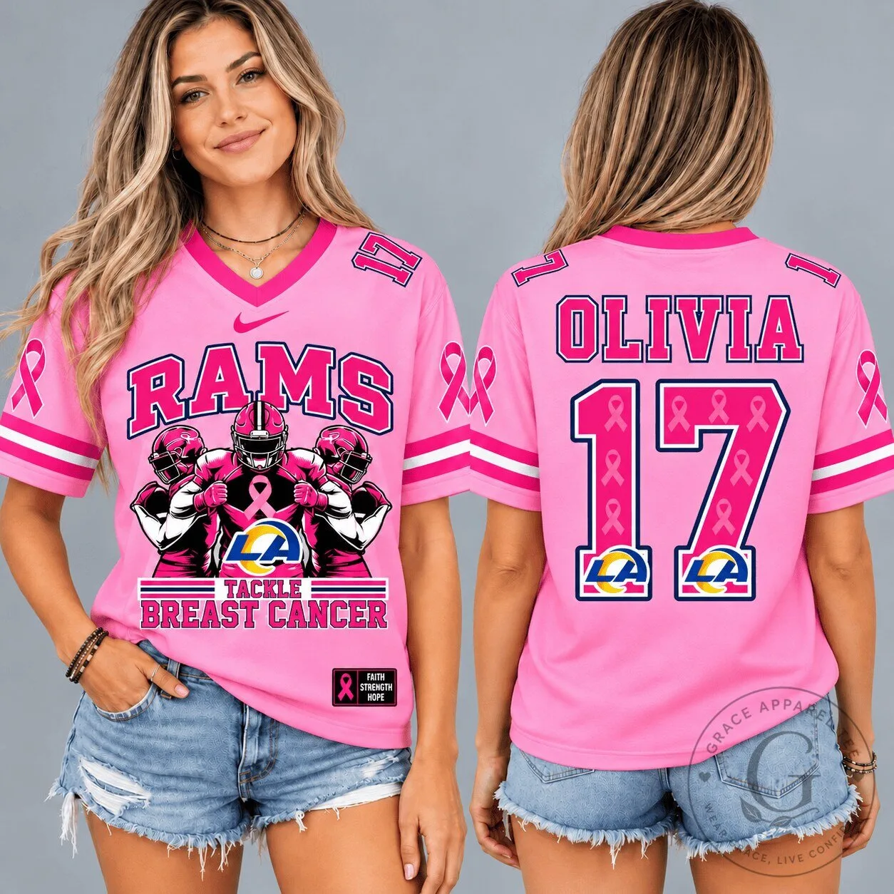 Los Angeles Rams Pink Ribbon Breast Cancer Awareness Football Jersey