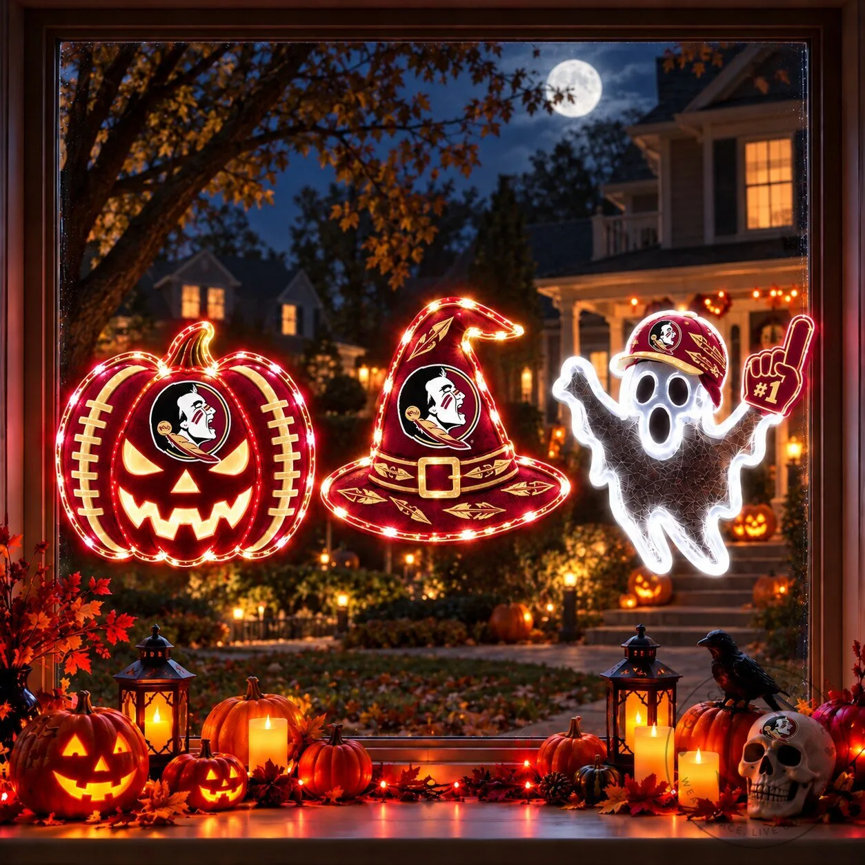 Florida State Seminoles Halloween Pumpkin Ghost Witch Hat Window Lights