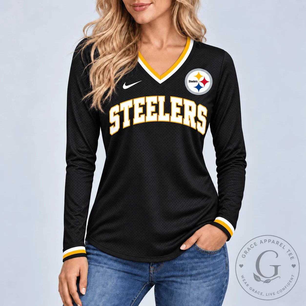 Pittsburgh Steelers NFL Black Long Sleeve V-Neck Football Jersey for Women