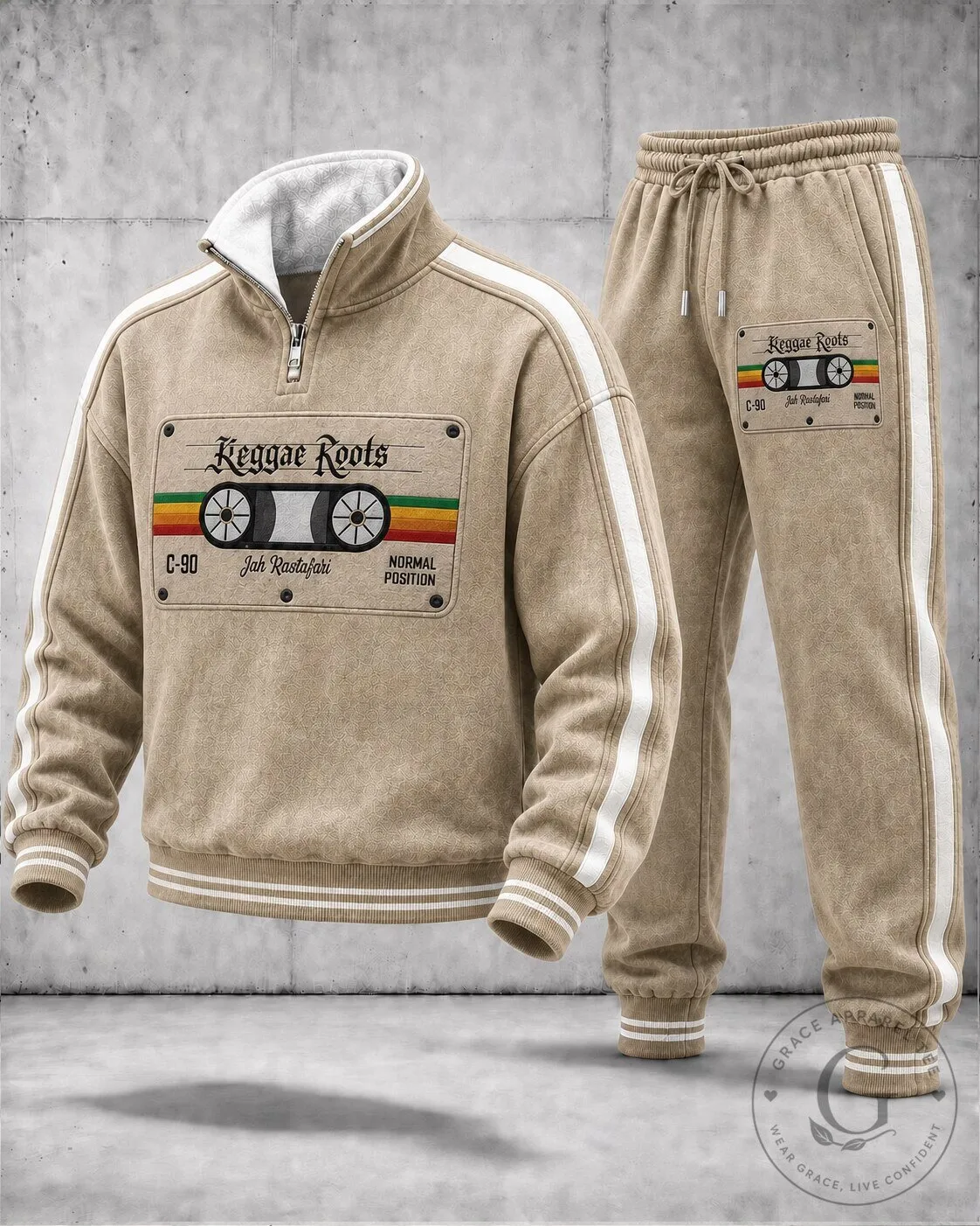 Reggae Roots Jah Rastafari Cassette Tape Quarter Zip Sweatshirt and Pants Set