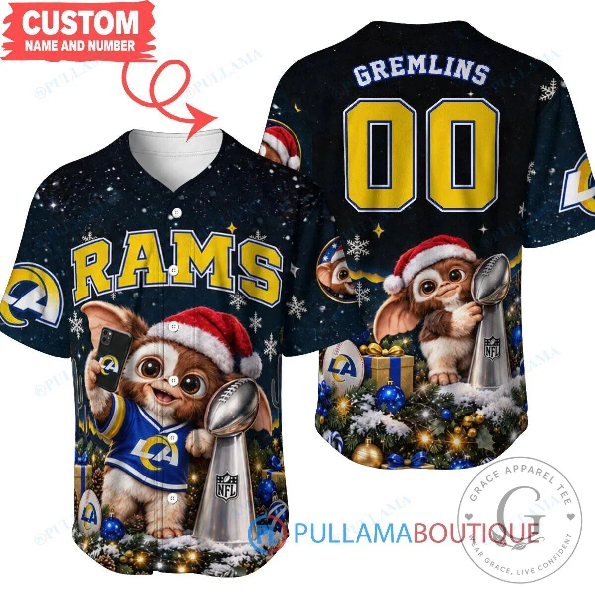Los Angeles Rams Gremlins Super Bowl Champions Christmas Baseball Jersey
