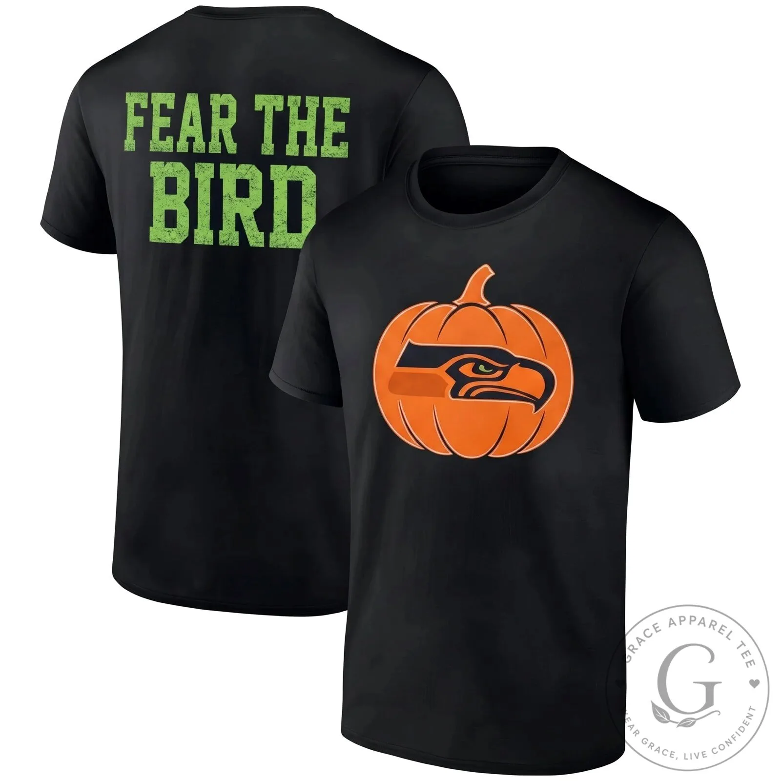Seattle Seahawks Halloween Pumpkin Fear The Bird Black T-Shirt