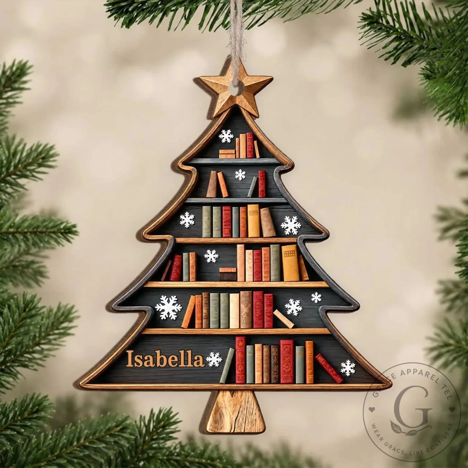 Personalized Book Tree Christmas Ornament, Custom Name Book Lover Holiday Decoration
