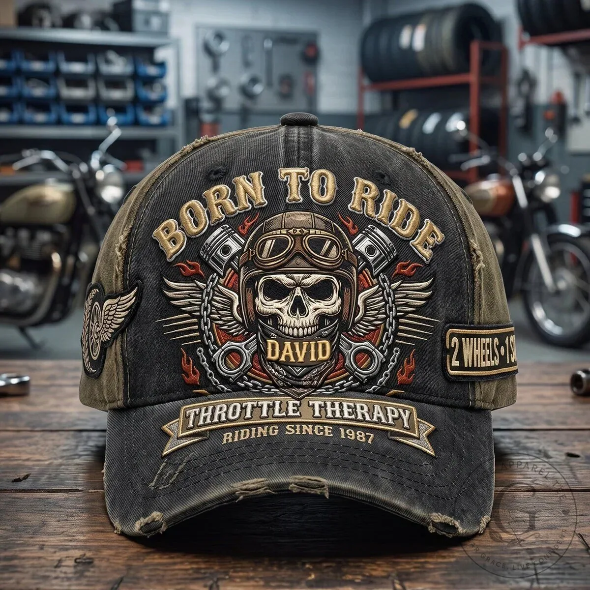 Born To Ride Biker Skull Personalized Vintage Distressed Cap Hat