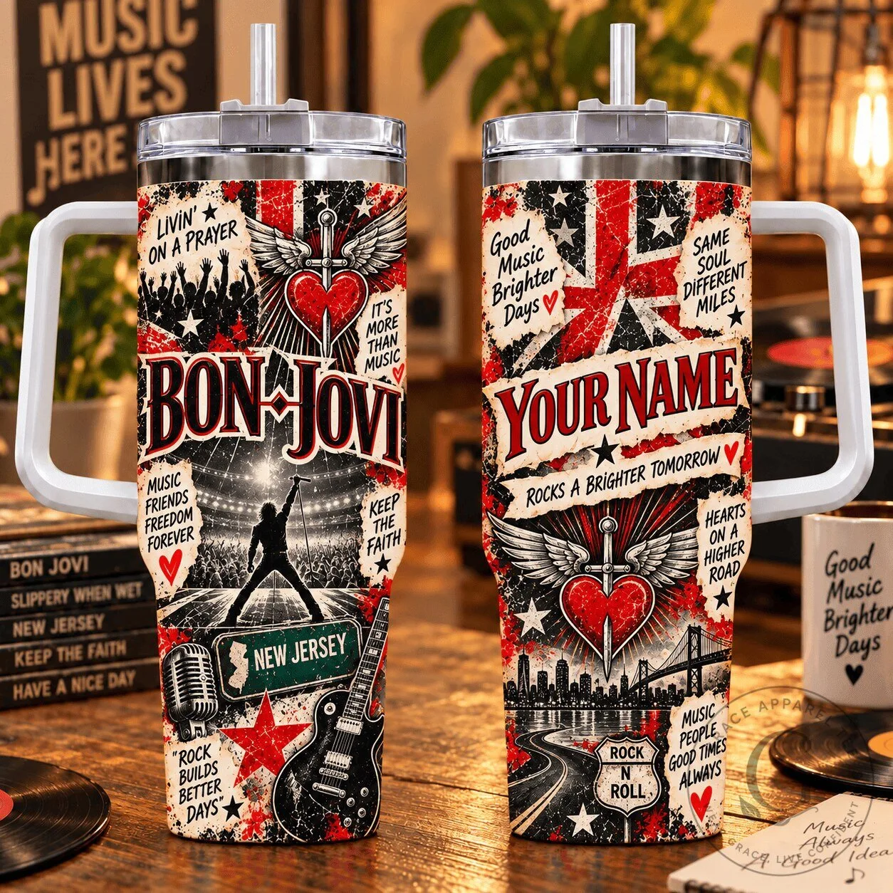 Bon Jovi Livin' On A Prayer Personalized Stainless Steel Tumbler with Handle