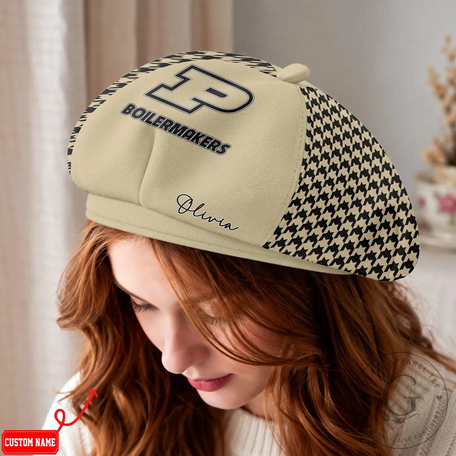 Purdue Boilermakers Houndstooth Pattern Personalized Beret Hat