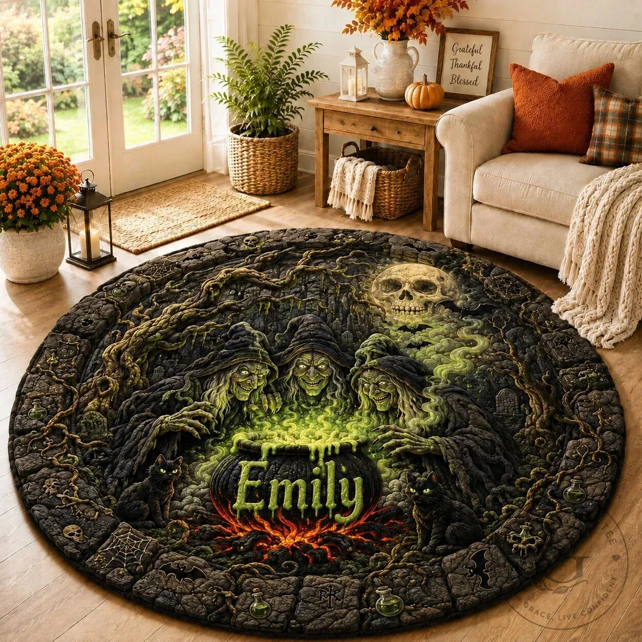 Personalized Halloween Witches Brewing Cauldron Horror Spooky Round Rug