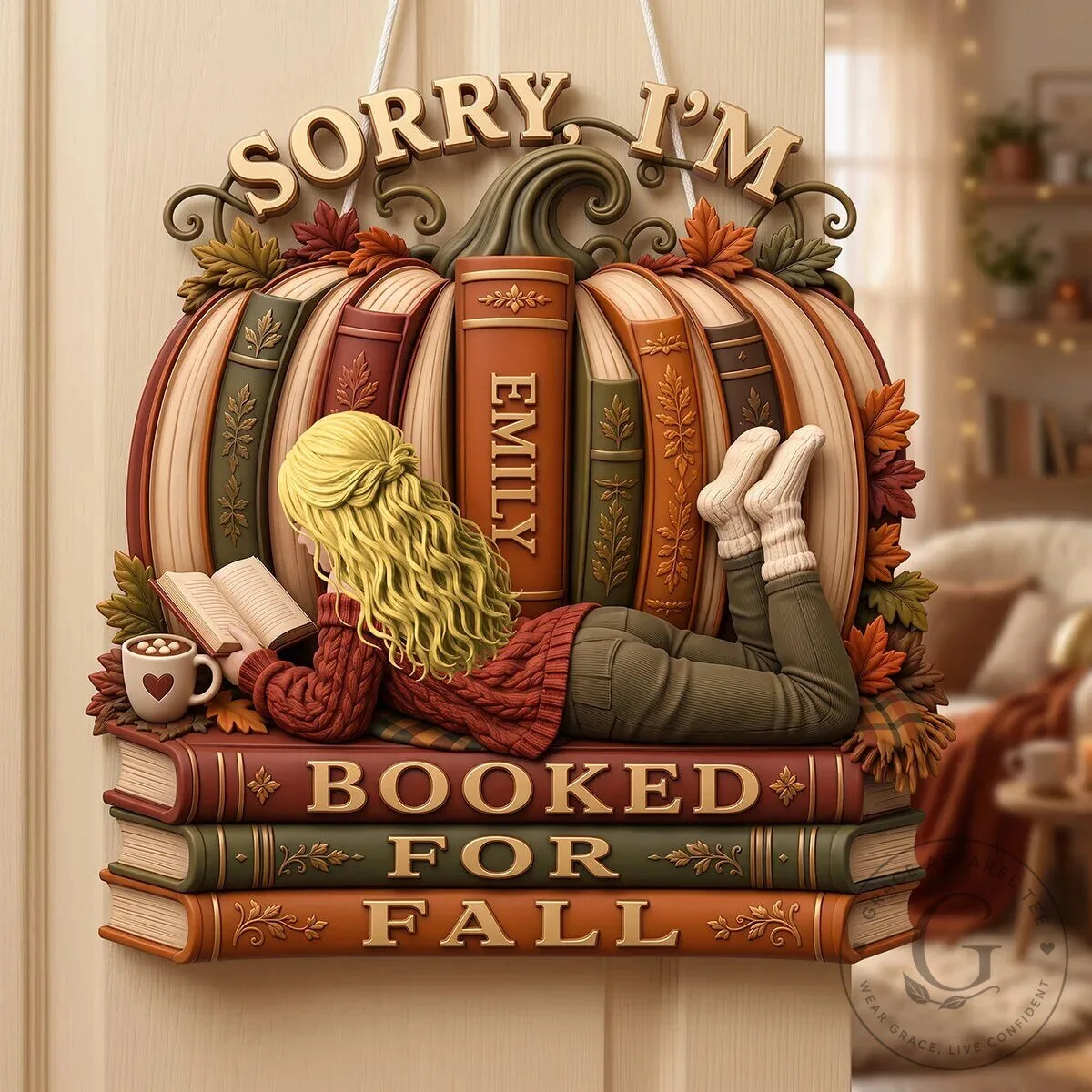 Sorry I'm Booked For Fall Pumpkin Bookshelf Girl Autumn Wooden Door Sign