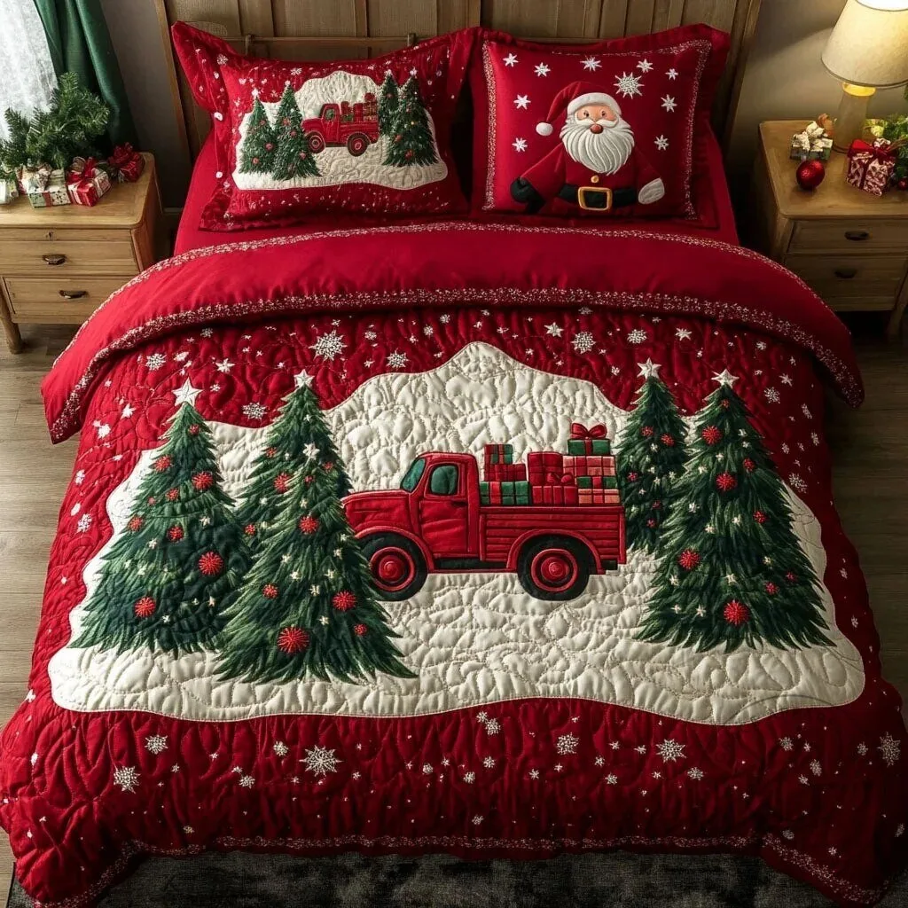 Christmas Santa Claus Red Truck Holiday Quilted Bedding Set