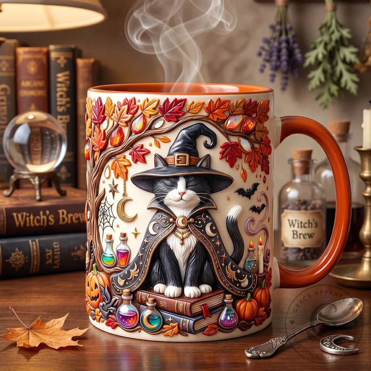 Cute Witch Cat Halloween Coffee Mug for Cat Lovers and Spooky Season Fans