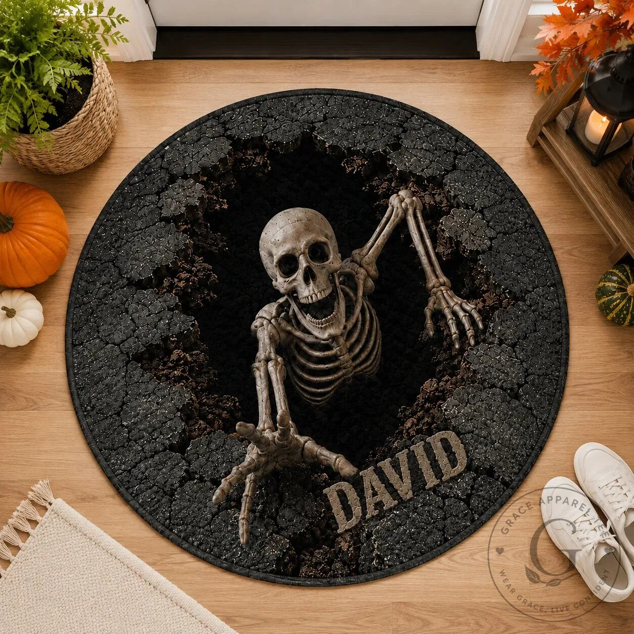Personalized Skeleton Grave Halloween Horror Spooky Round Doormat