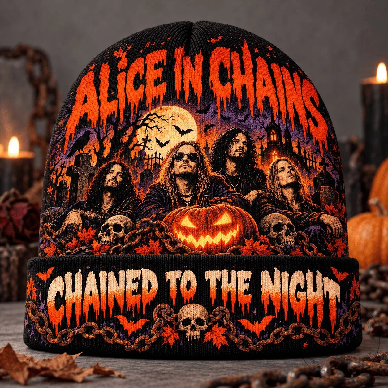 Alice In Chains Chained To The Night Halloween Pumpkin Graphic Knit Beanie