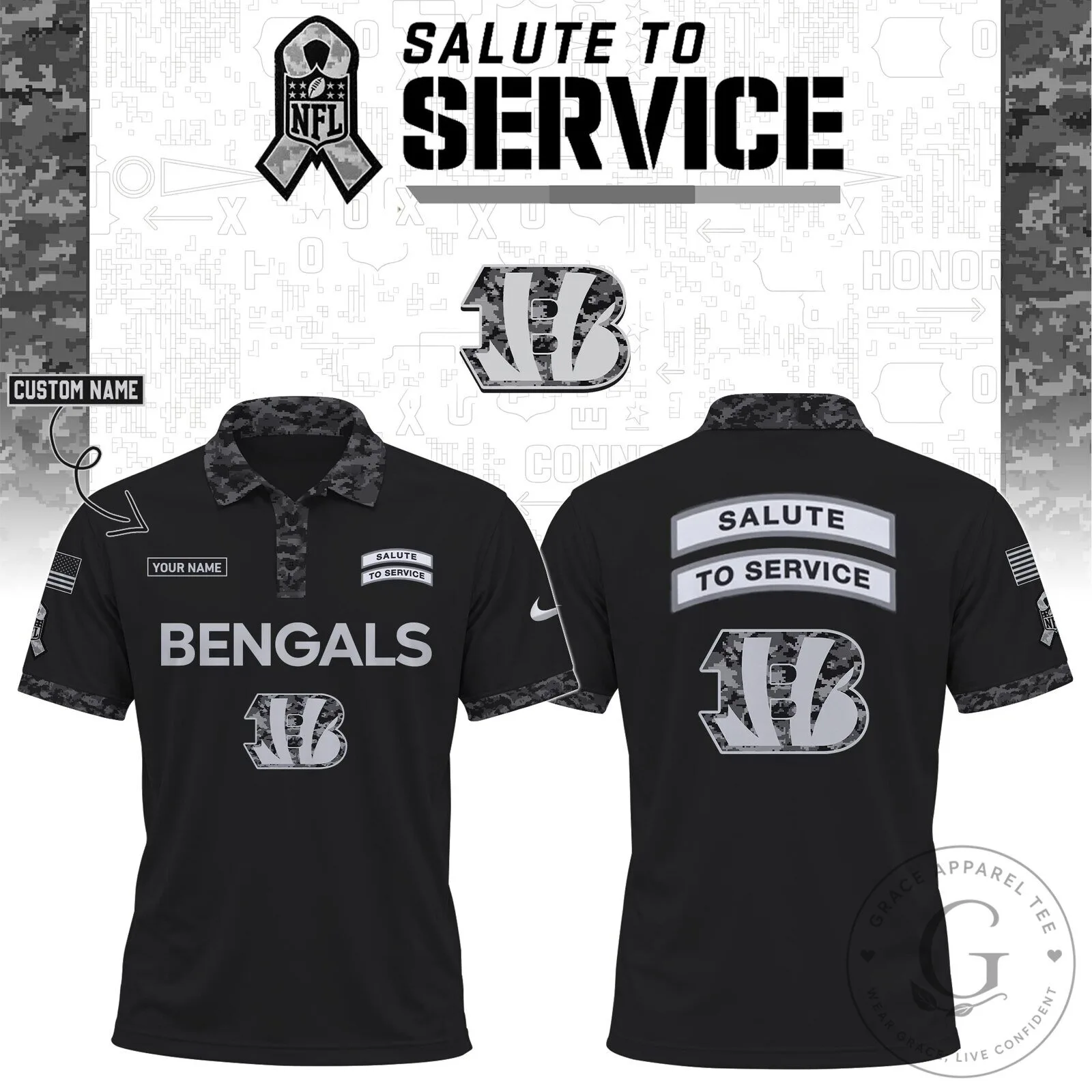 Cincinnati Bengals Black Salute To Service Custom Name Polo Shirt