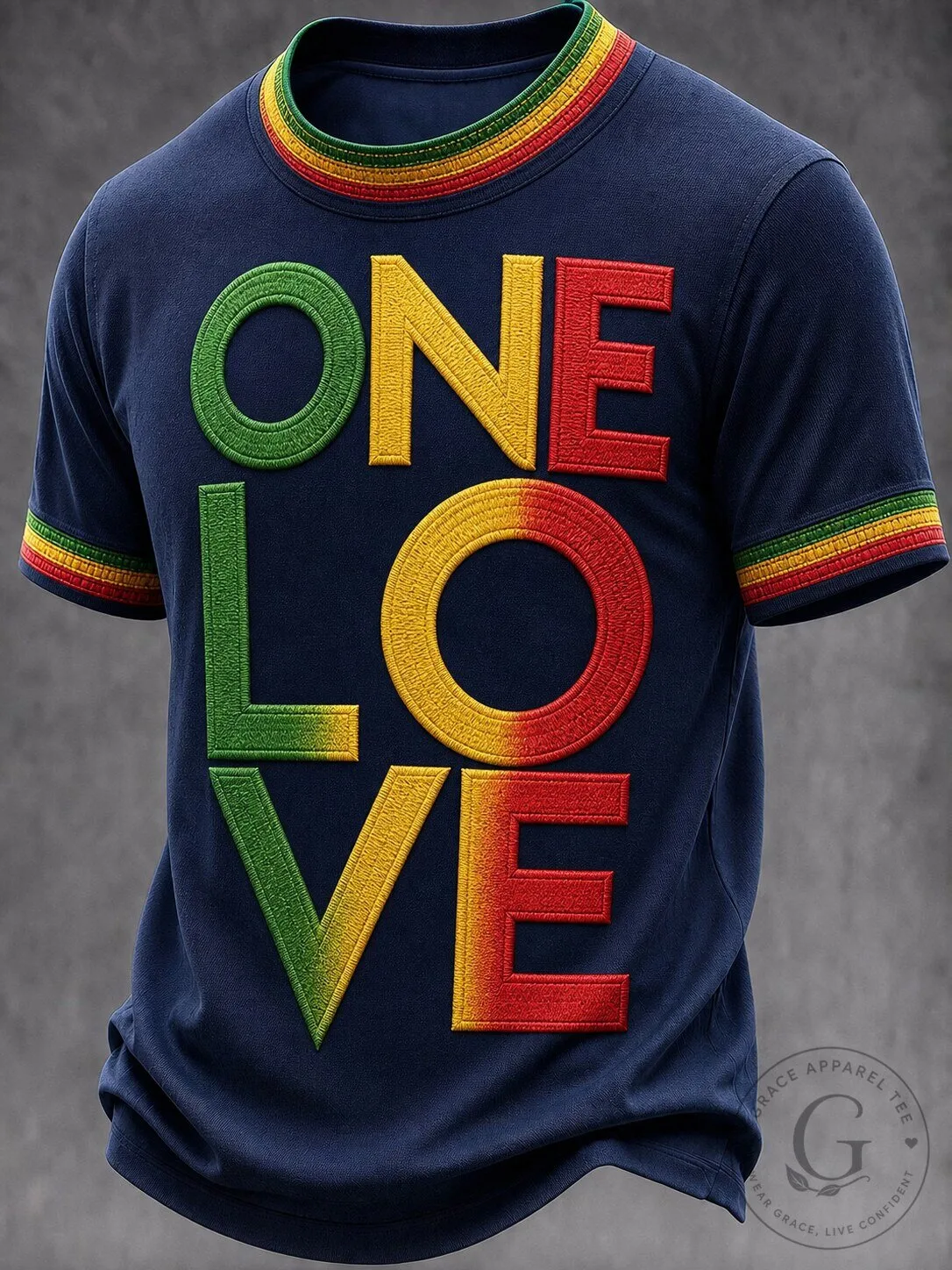 One Love Reggae Music Embroidered Crewneck T-Shirt