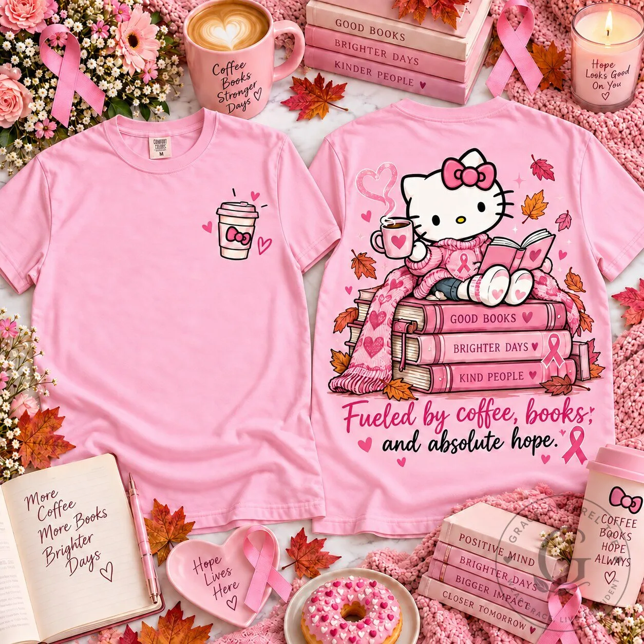 Hello Kitty Coffee Books Hope Pink Ribbon Breast Cancer Awareness T-Shirt