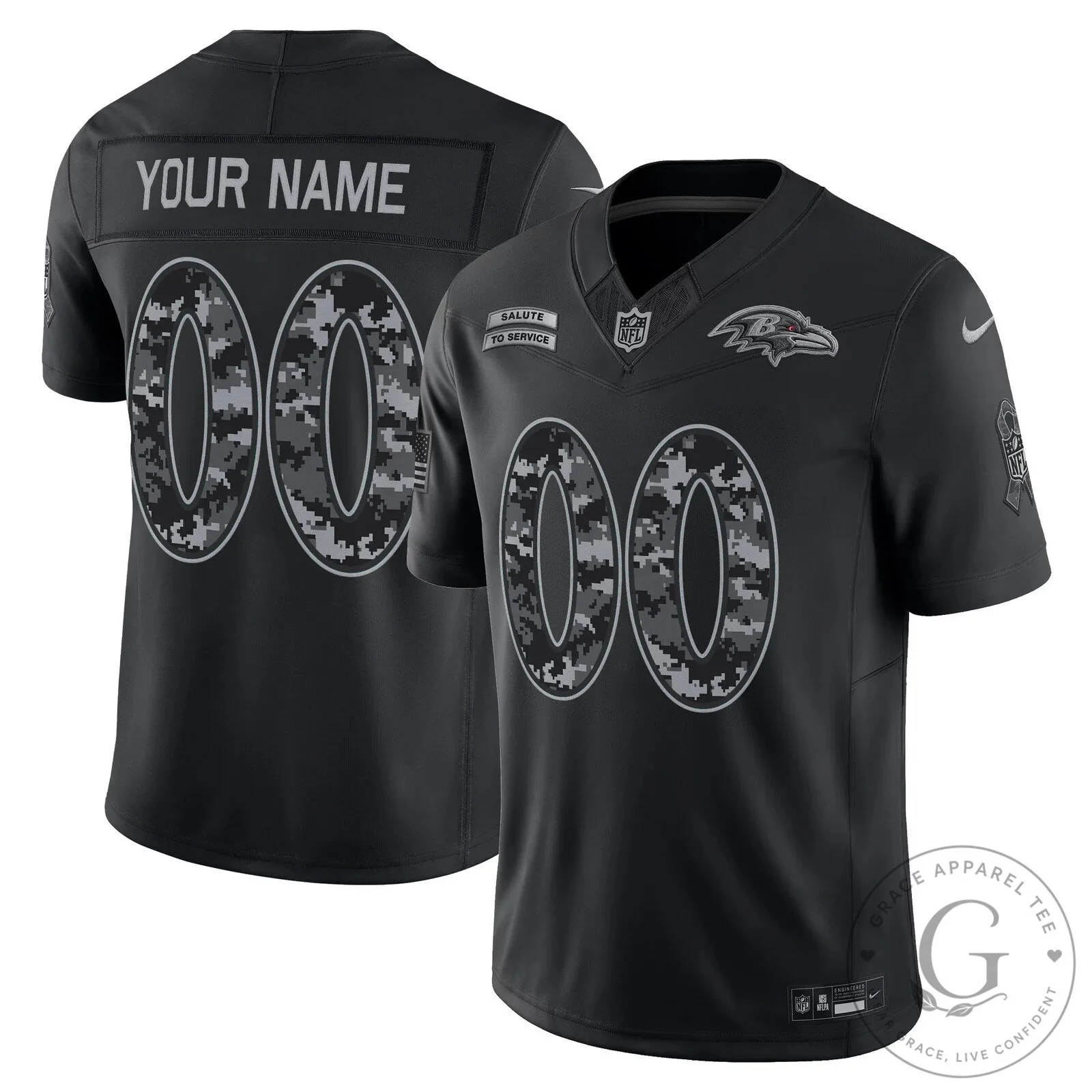 Custom Football Jersey in Black for Salute to Service - Baltimore Ravens