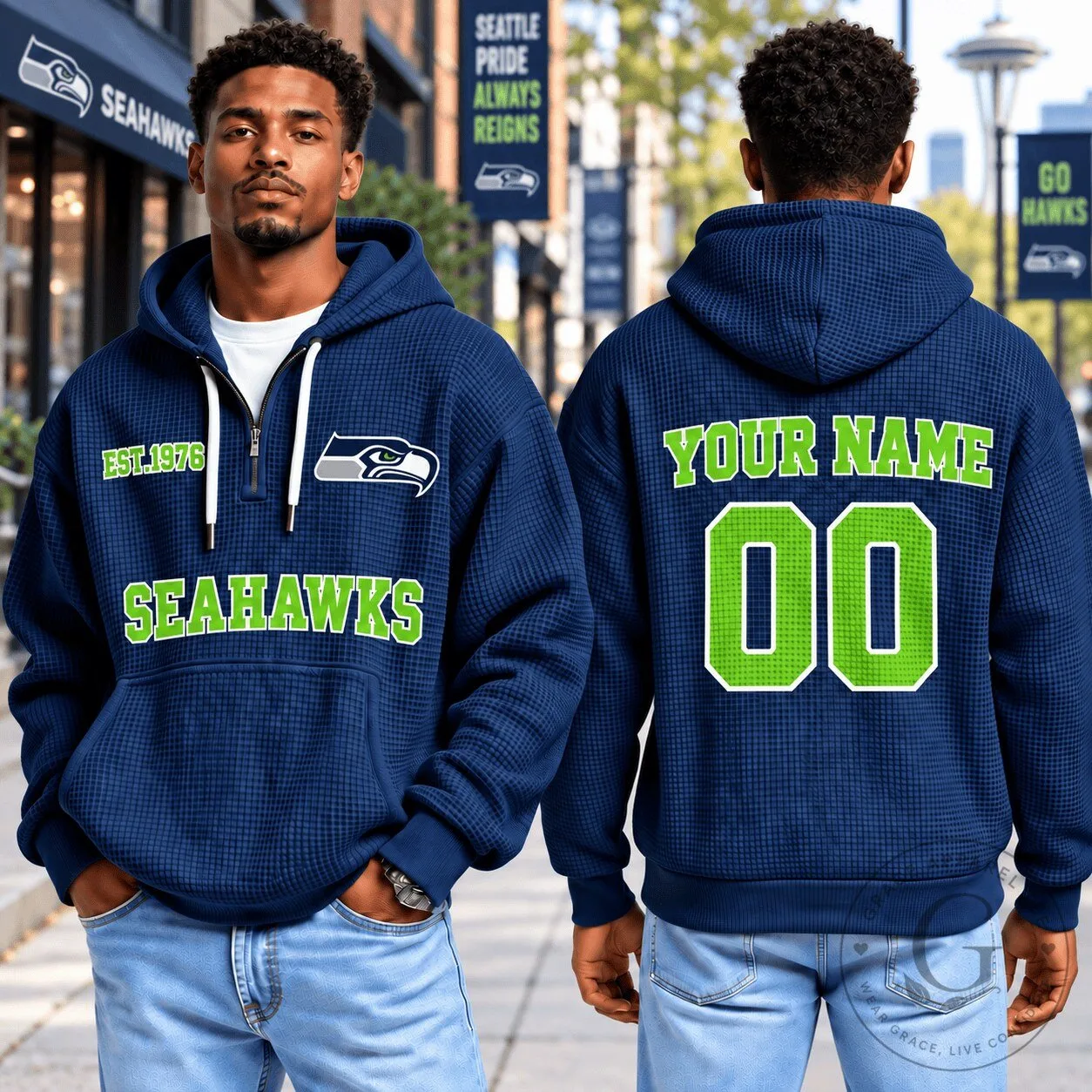Seattle Seahawks Waffle Knit Quarter Zip Hoodie with Custom Name and Number