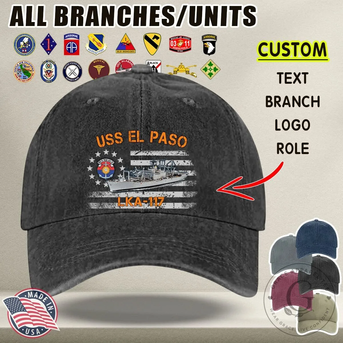 USS El Paso LKA-117 Custom Military Veteran Washed Denim Baseball Cap Hat