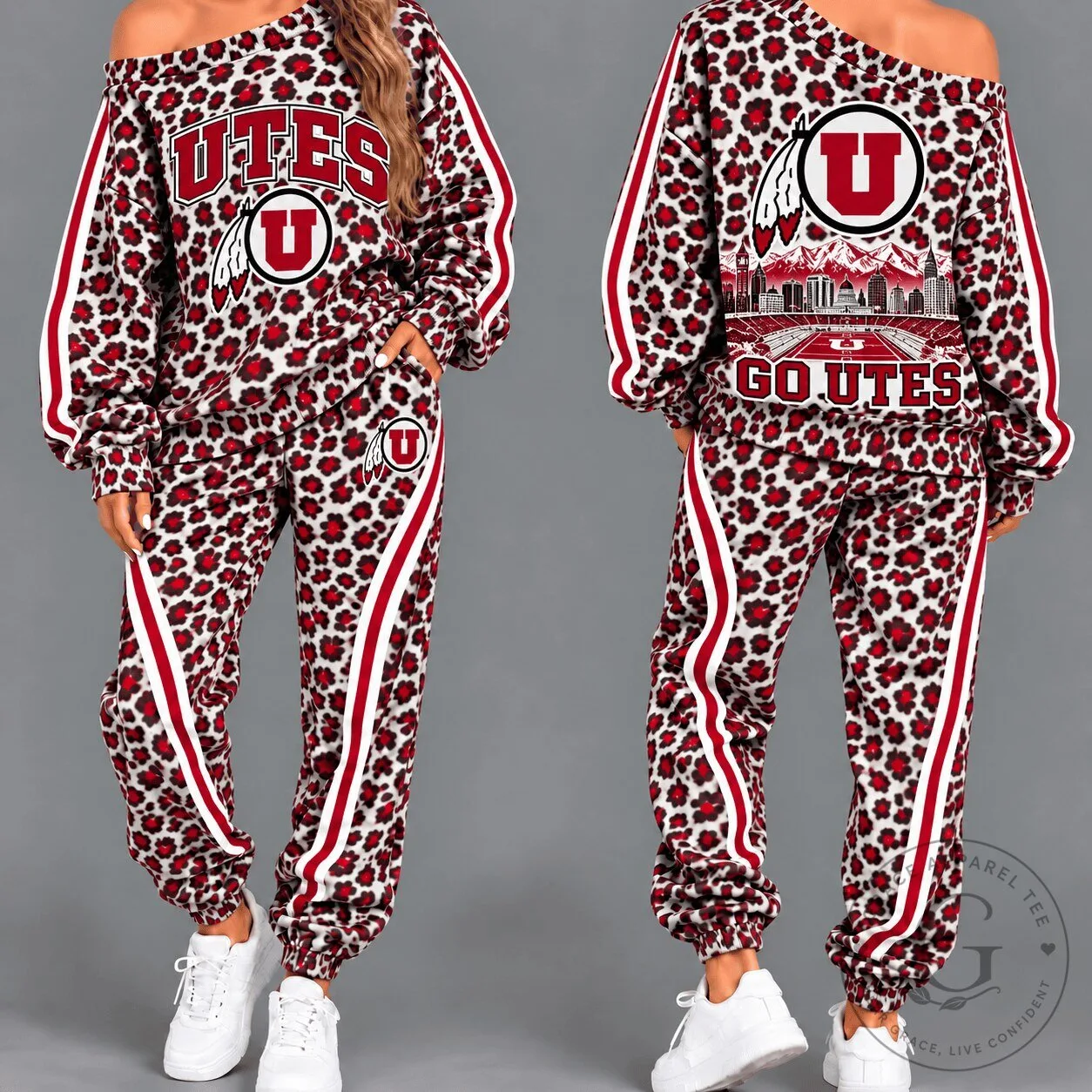 Utah Utes Women's Leopard Print Off Shoulder Tracksuit Set