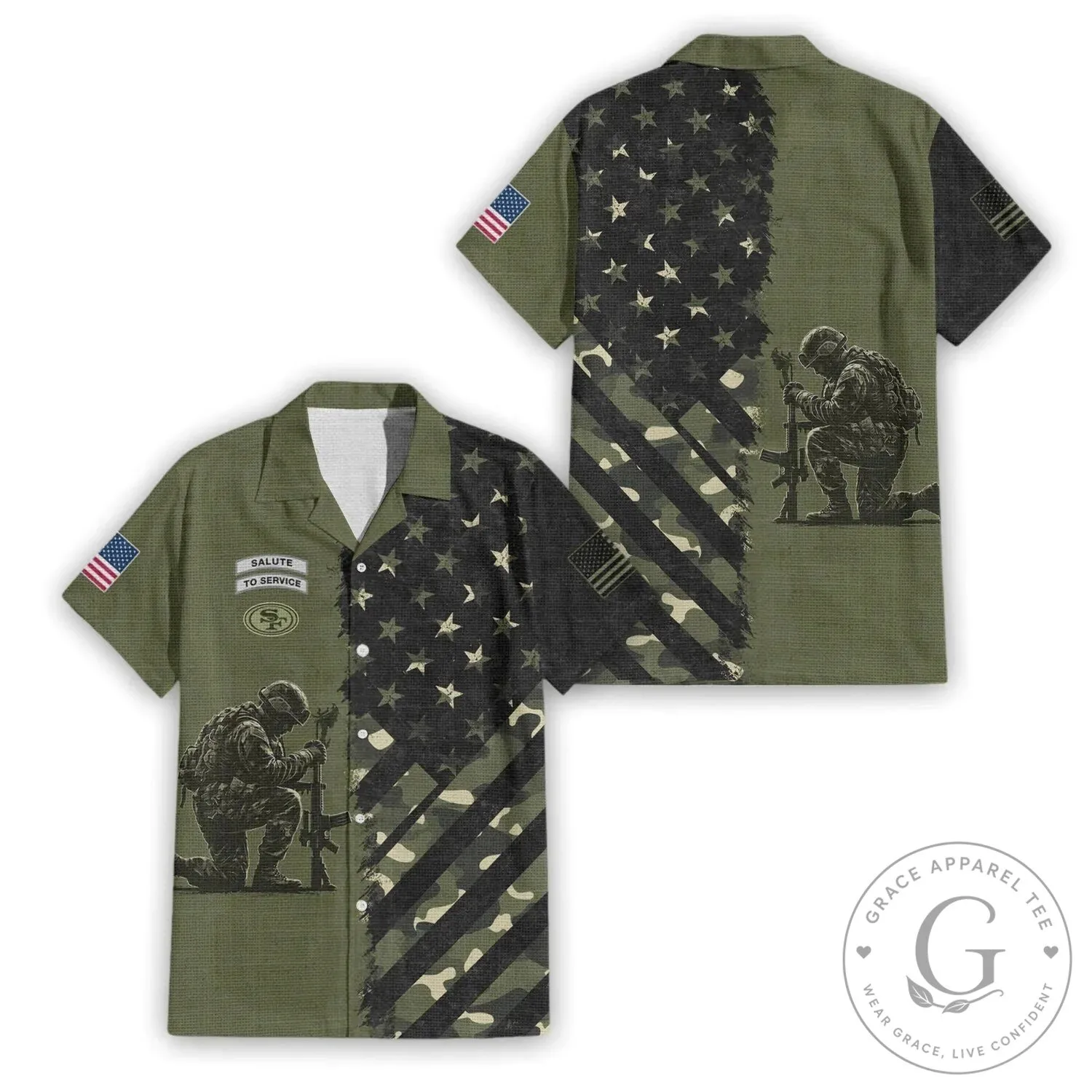 Hawaiian Shirt Featuring Kneeling Soldier With American Flag - Salute to Service Design