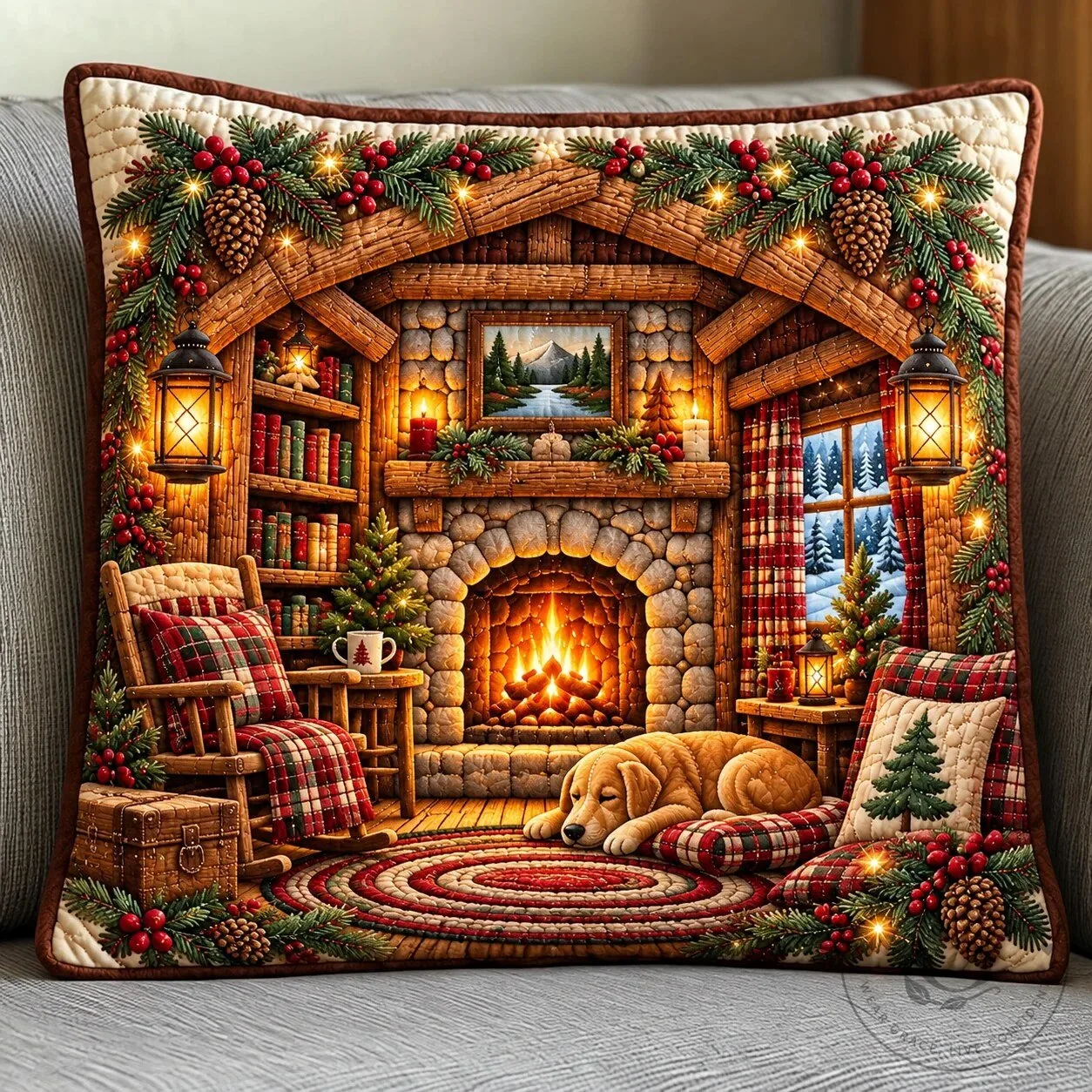Cozy Christmas Cabin Fireplace Dog Winter Holiday Decorative Pillow