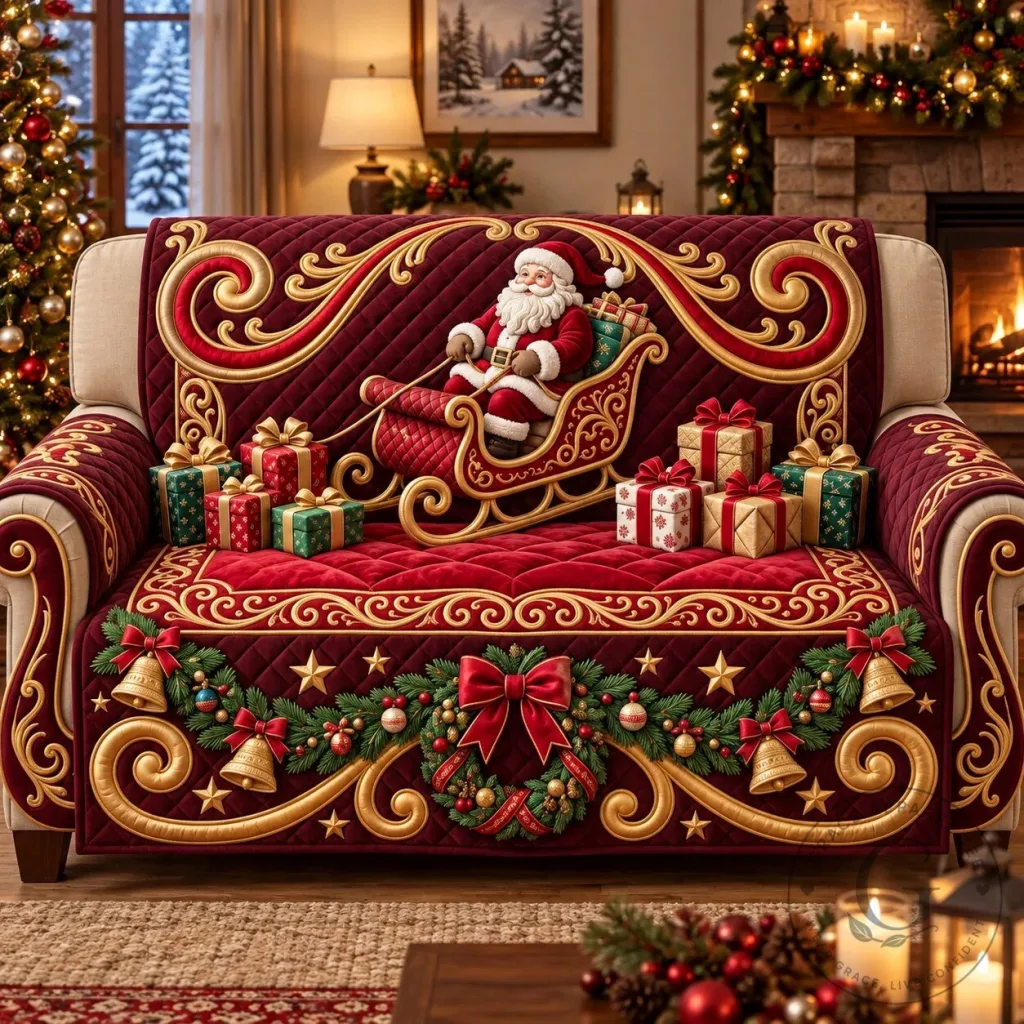Christmas Santa Sleigh Quilted Sofa Cover for Holiday Home Decor Christmas Santa Sleigh Quilted Sofa Cover for Holiday Home Decor
