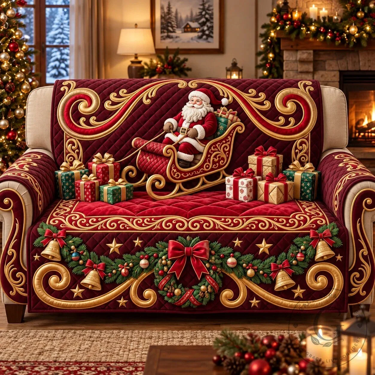 Christmas Santa Sleigh Quilted Sofa Cover for Holiday Home Decor