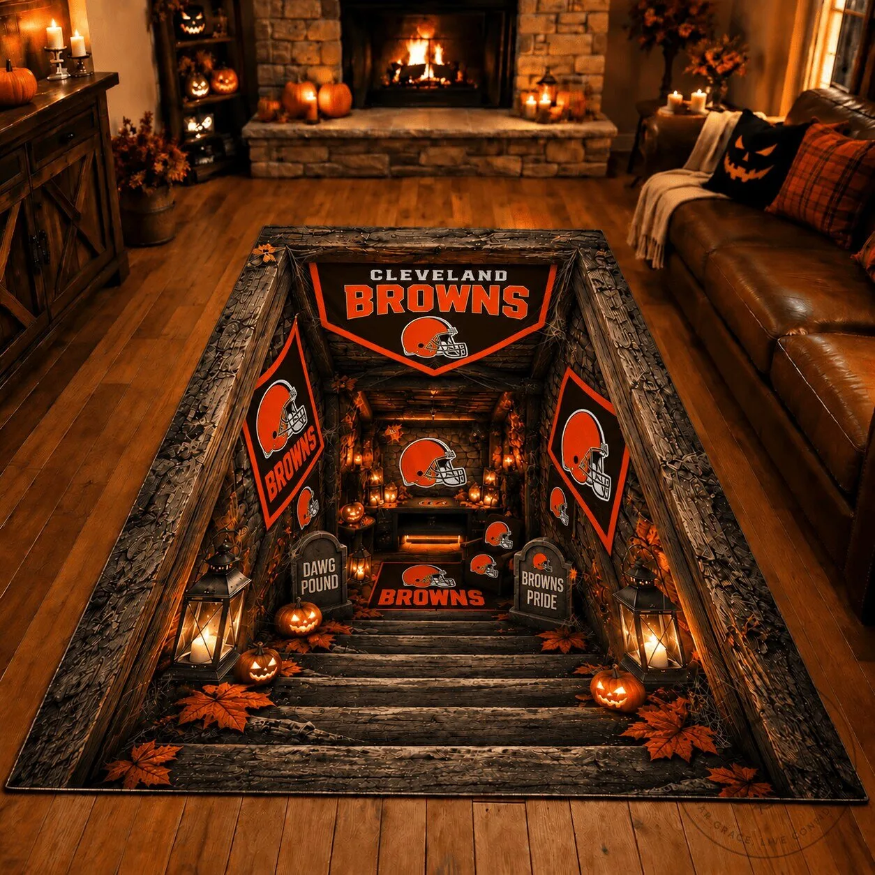 Cleveland Browns Football Team Halloween 3D Illusion Fan Cave Area Rug