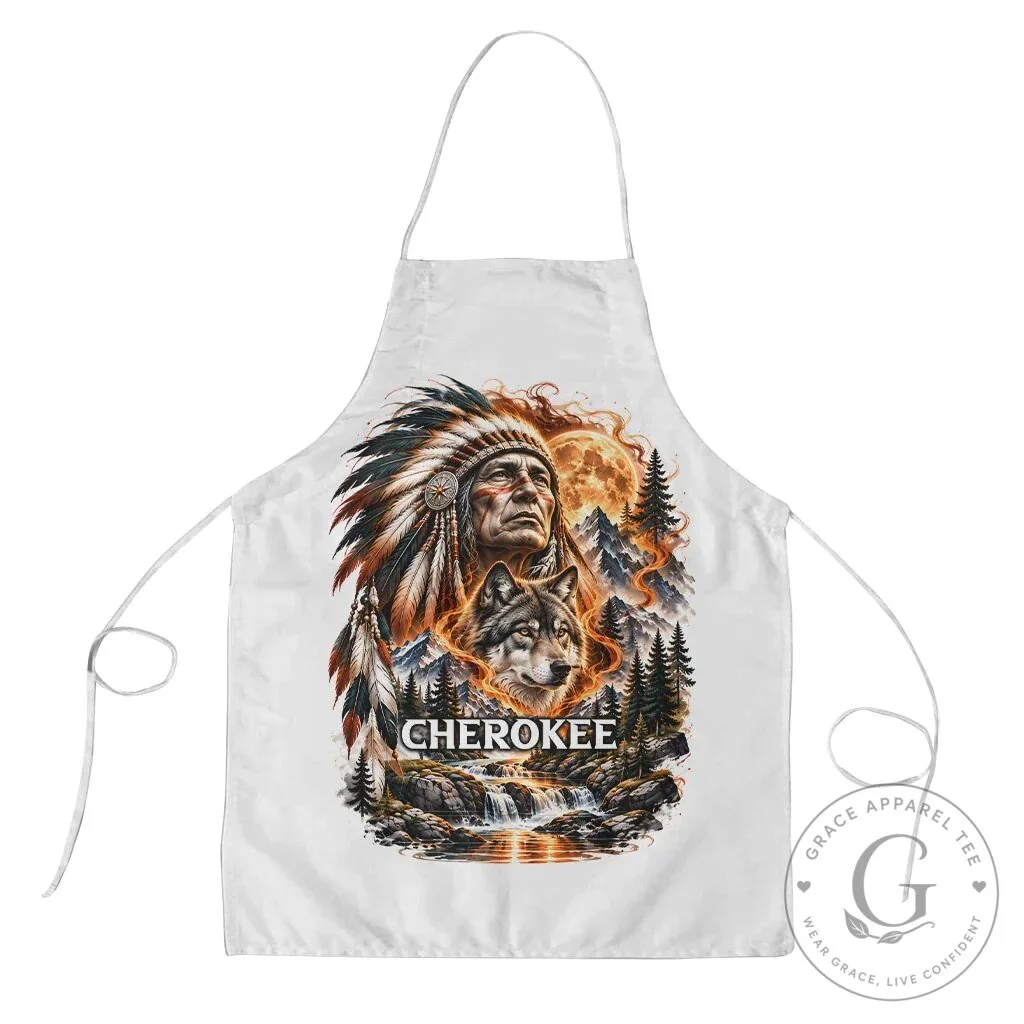 Cherokee Native American Chief and Wolf Tribal Nature Landscape Apron